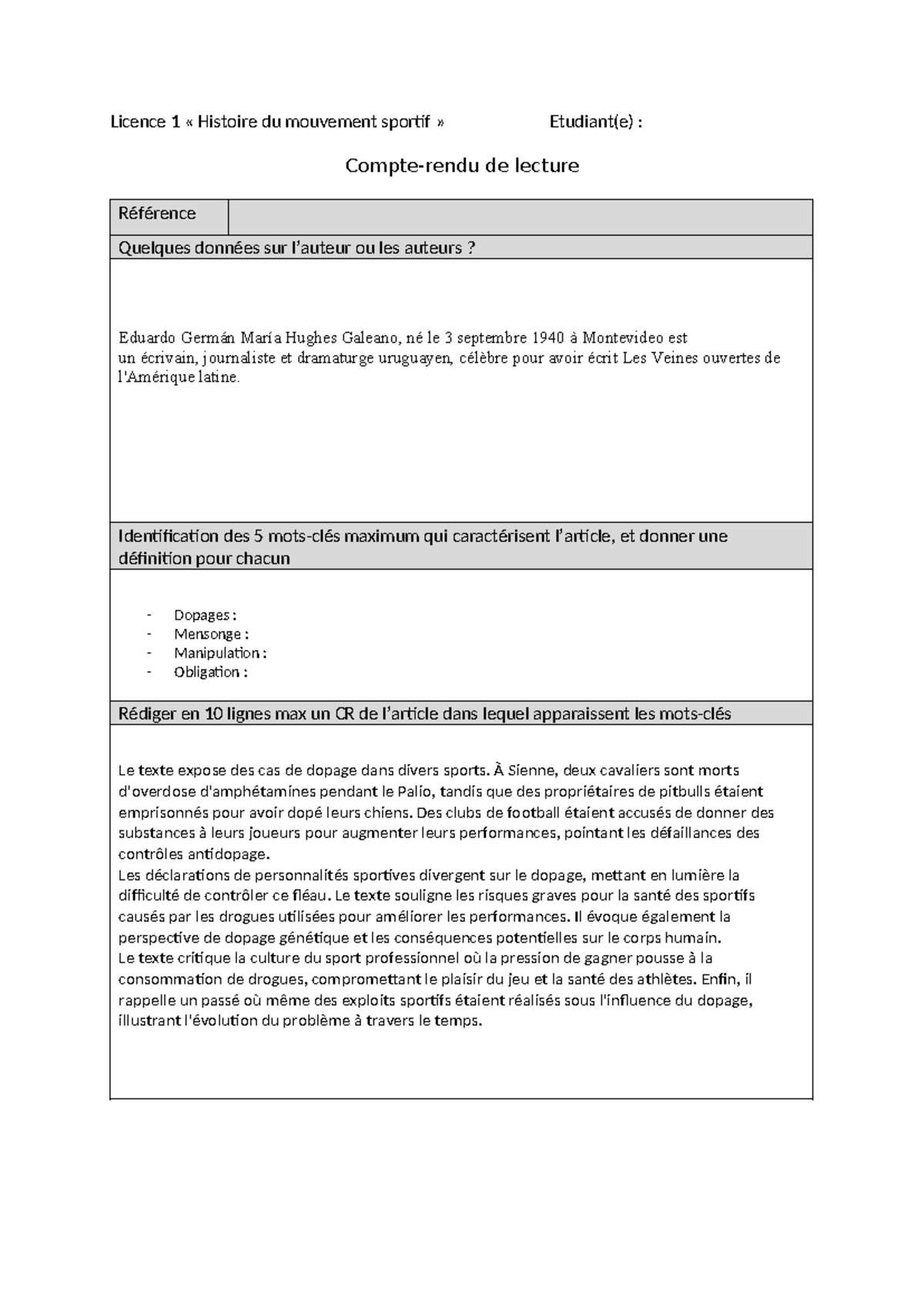 Compte-rendu de lecture sur le dopage dans le sport - Histoire du ...
