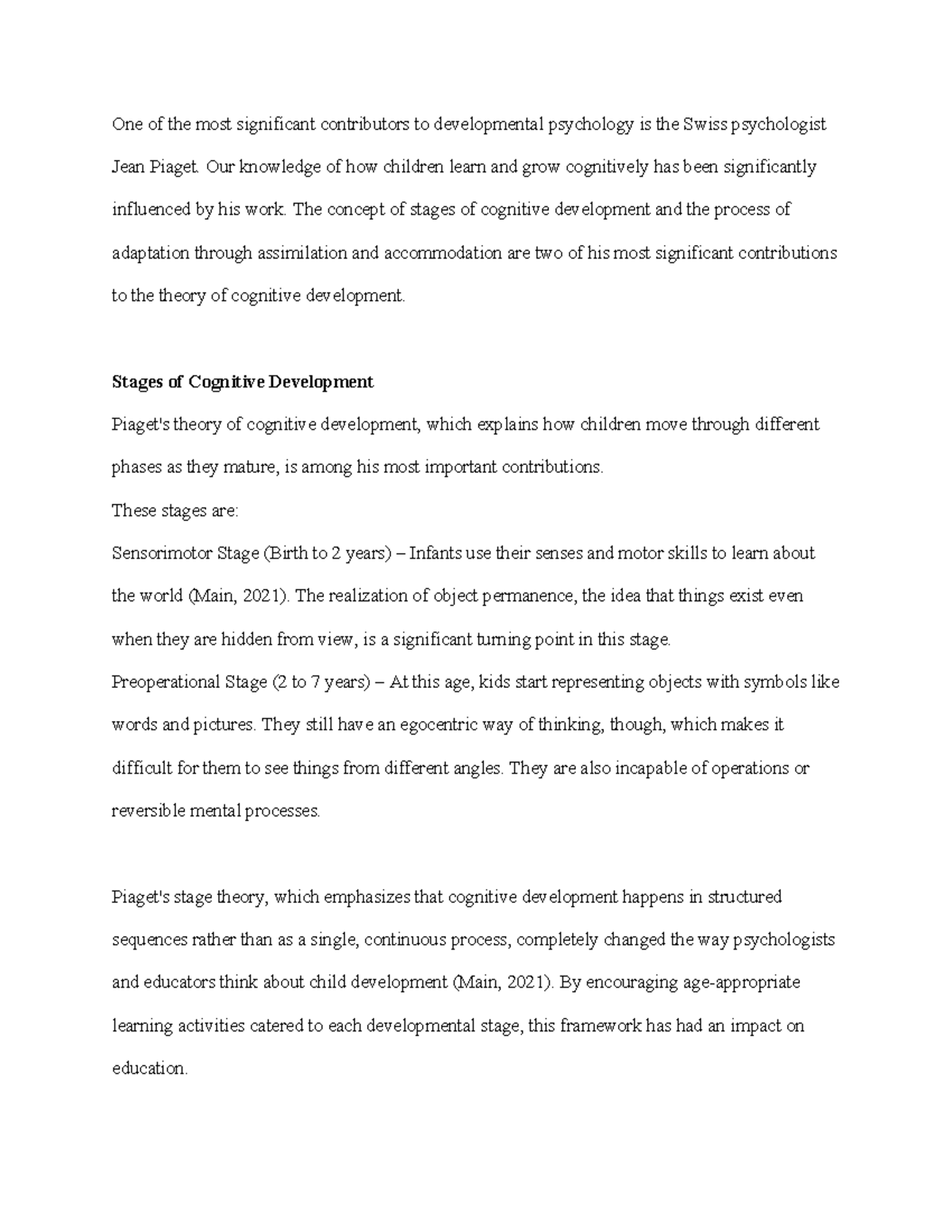 PSY 101 Week 4 Discussion 1: Insights on Piaget's Cognitive Development ...