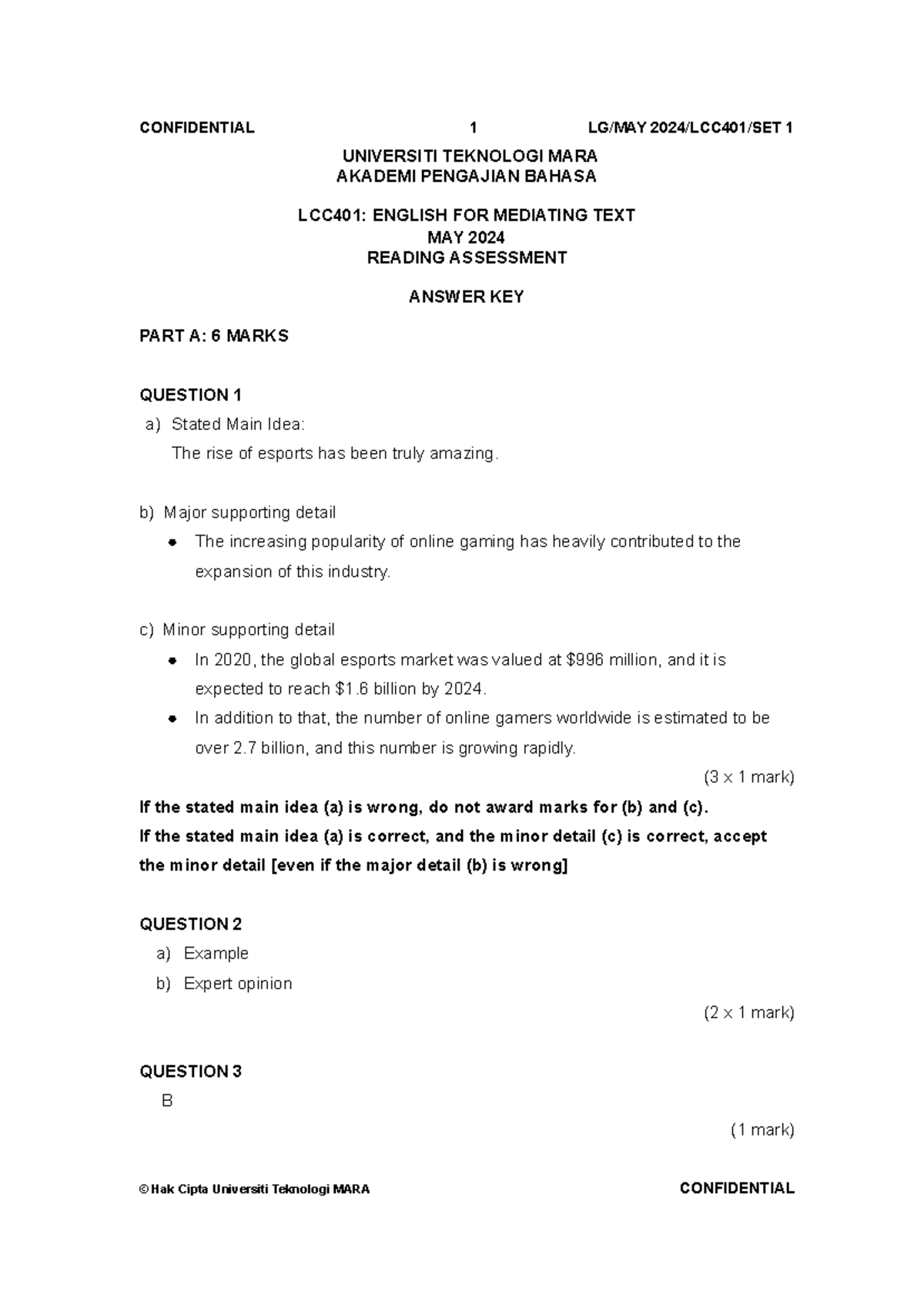 LCC401: English for Mediating Text - May 2024 Reading Assessment Answer ...