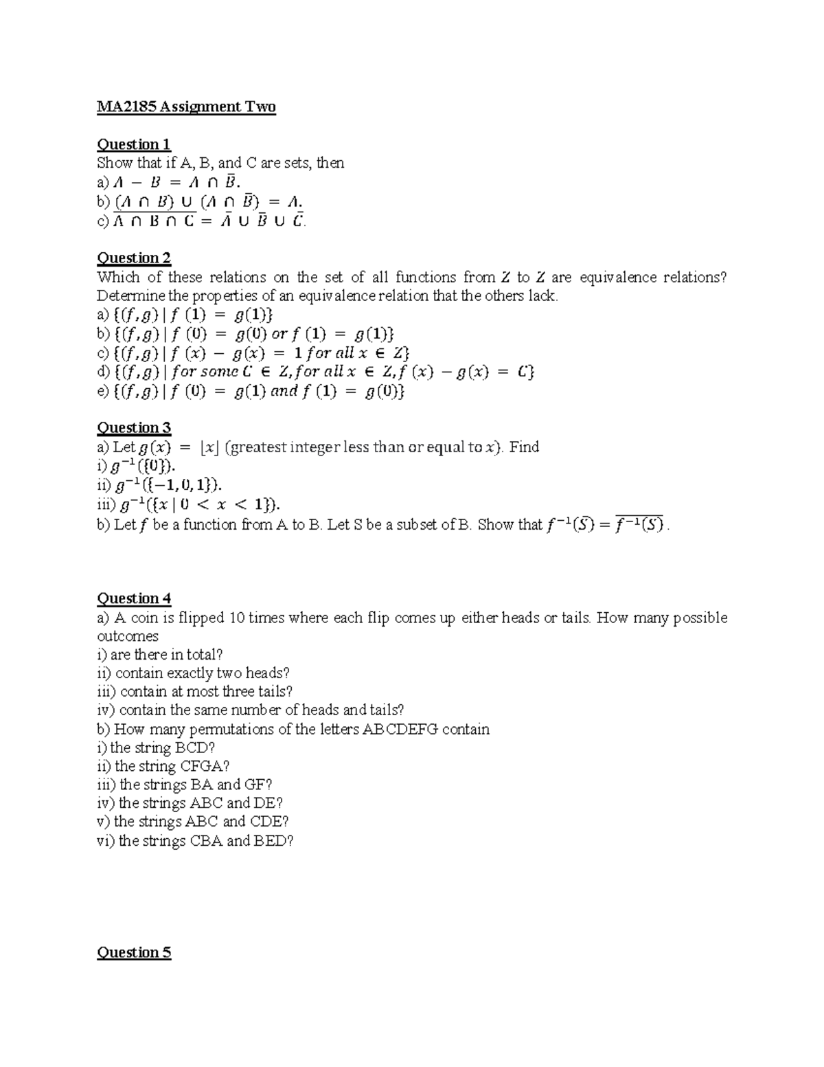 MA2185 Assignment Two: Set Theory & Relations Analysis - Studocu