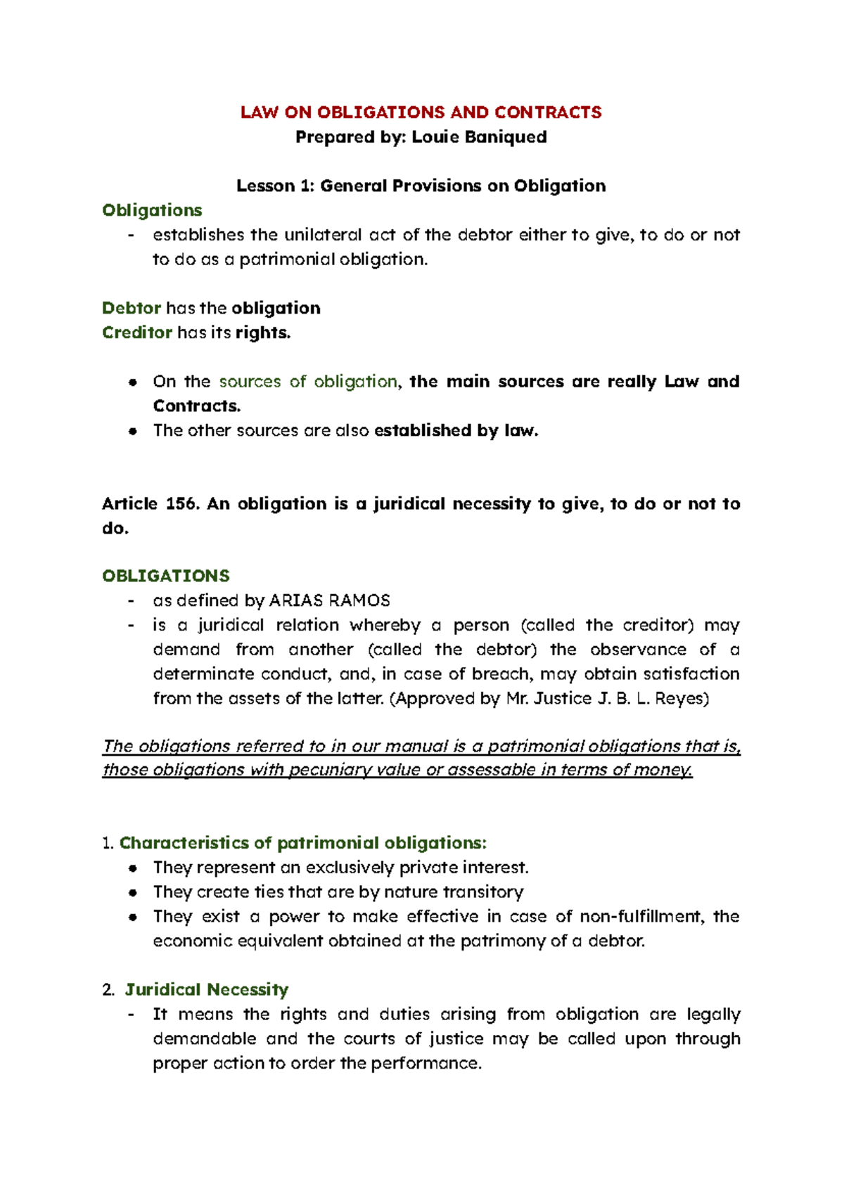 LAW ON OBLIGATIONS AND CONTRACTS (1ST YEAR) - Lesson 1 Overview - Studocu