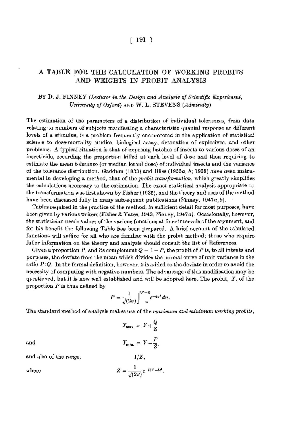 Finney 1948Bka - [ 191 ] A TABLE FOR THE CALCULATION OF WORKING PROBITS ...