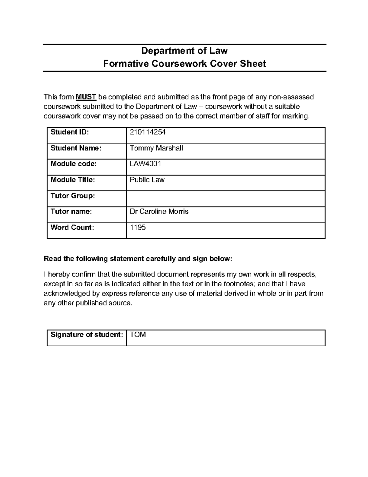 LAW Public Law Formative Exam Answer: Understanding Conventions - Document Preview