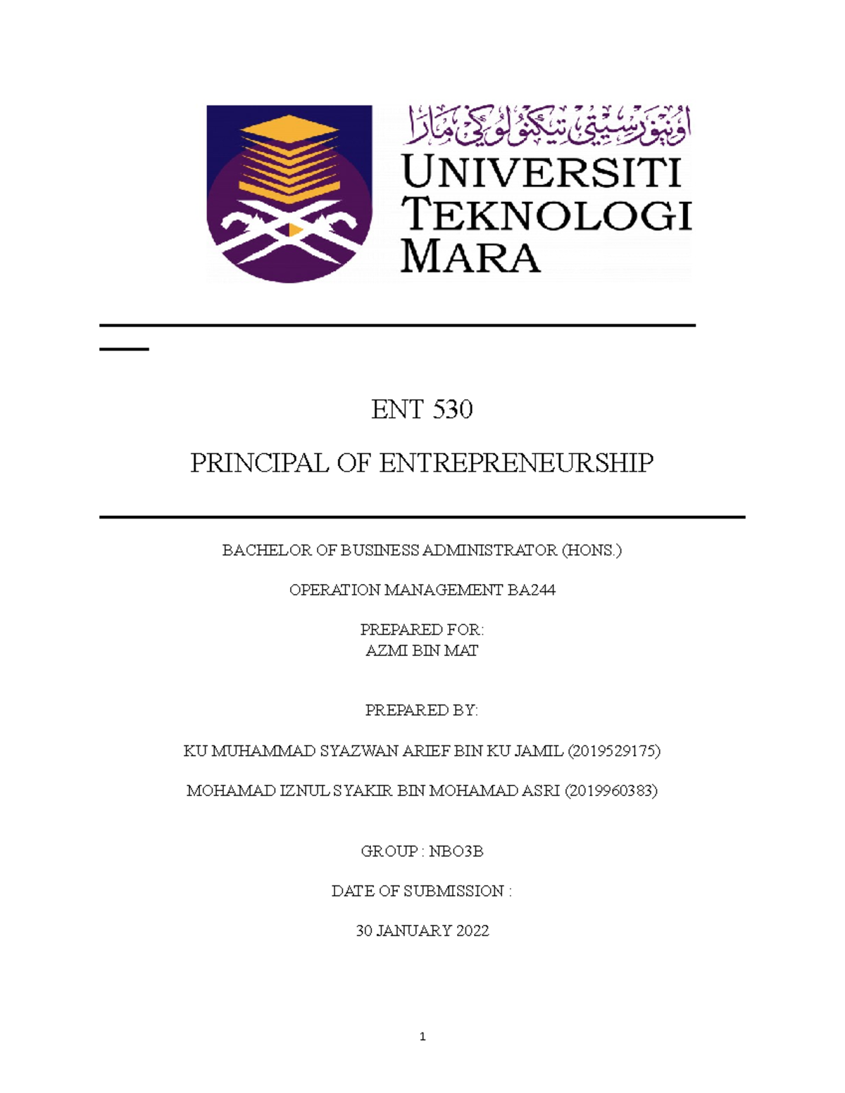 ENT 530 Pair Assingment - ENT 530 PRINCIPAL OF ENTREPRENEURSHIP ...