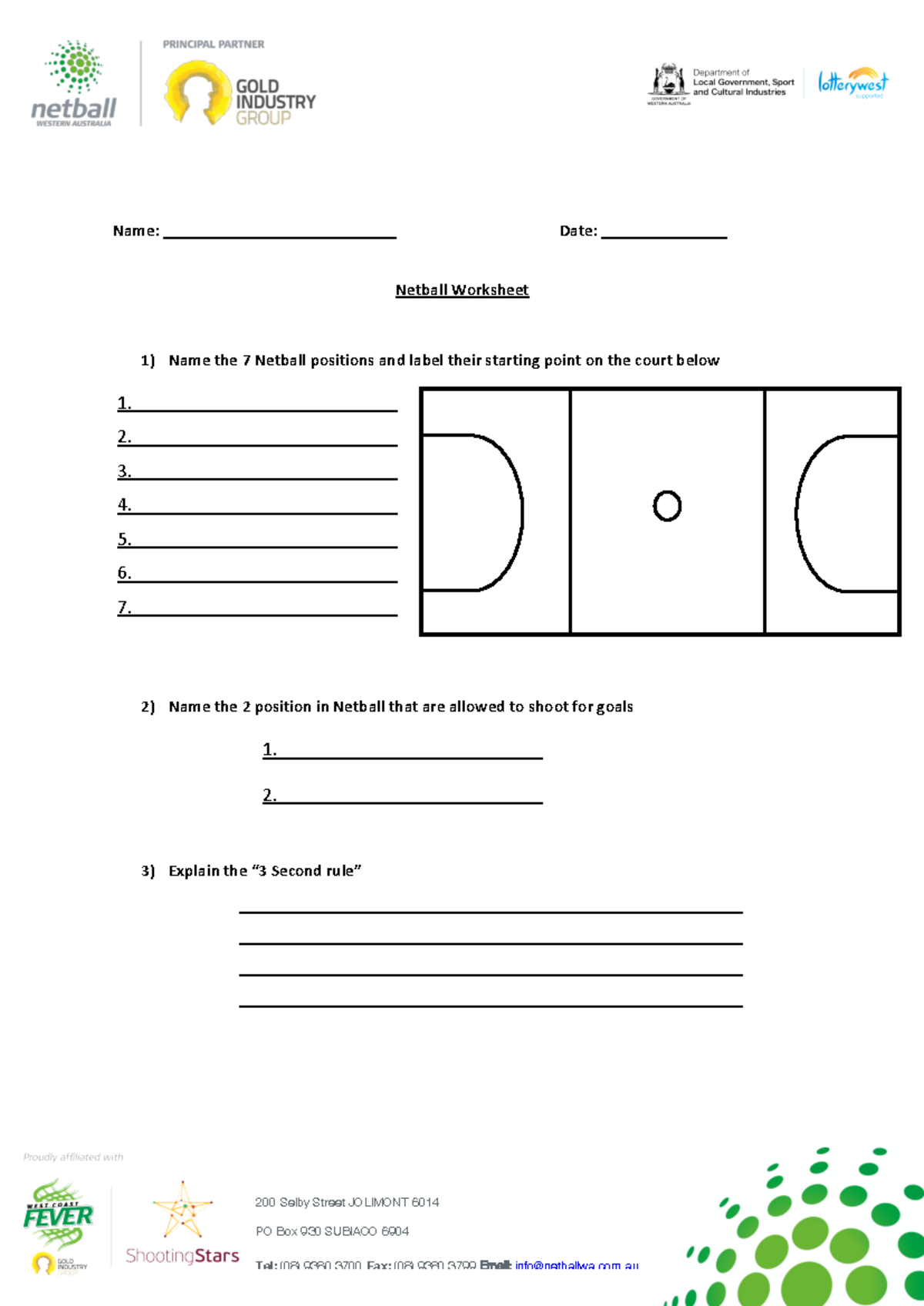 Netball Worksheet 1 - English - 200 Selby Street JOLIMONT 6014 PO Box ...