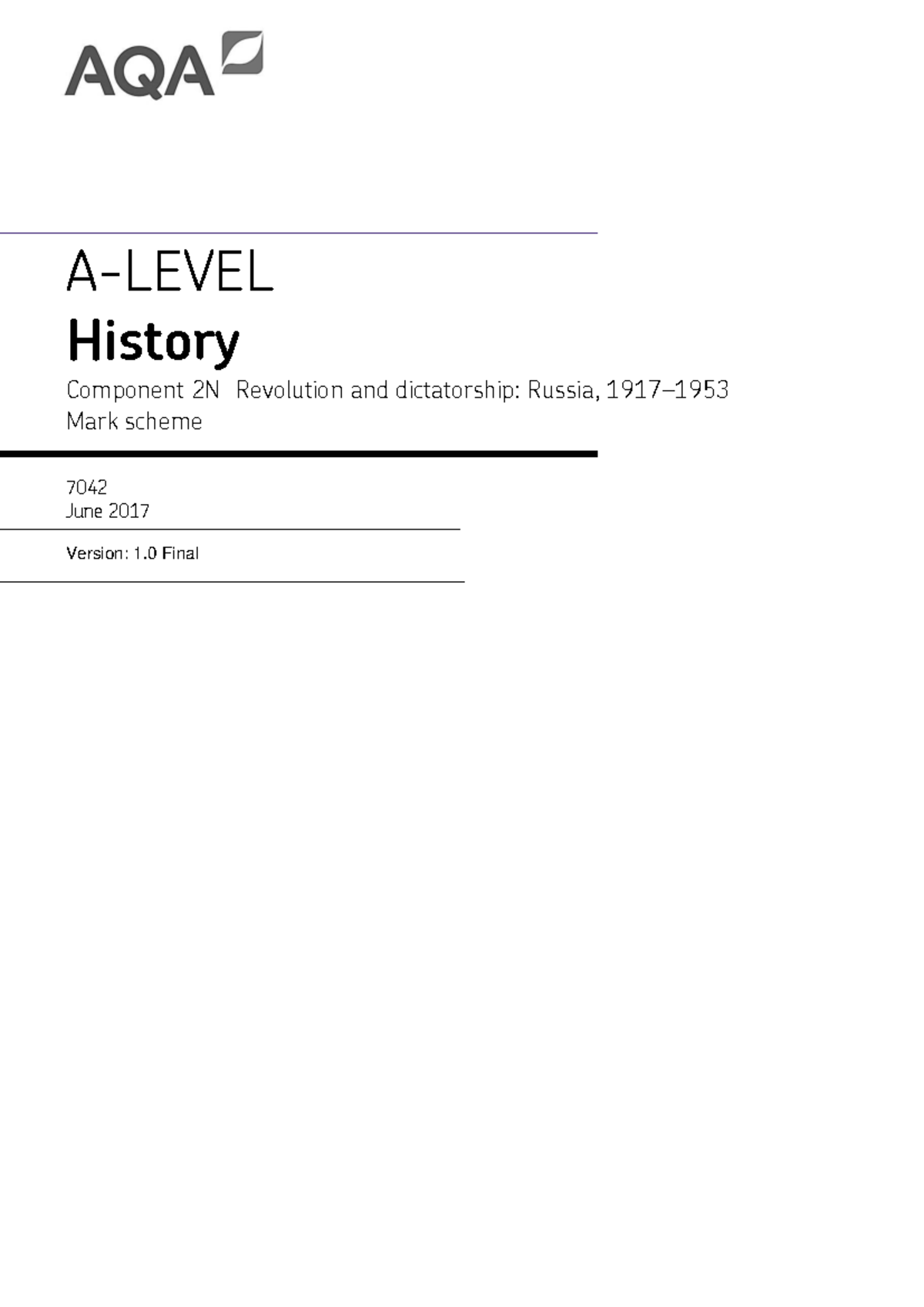 History Component 2N: Revolution and Dictatorship in Russia - Mark ...