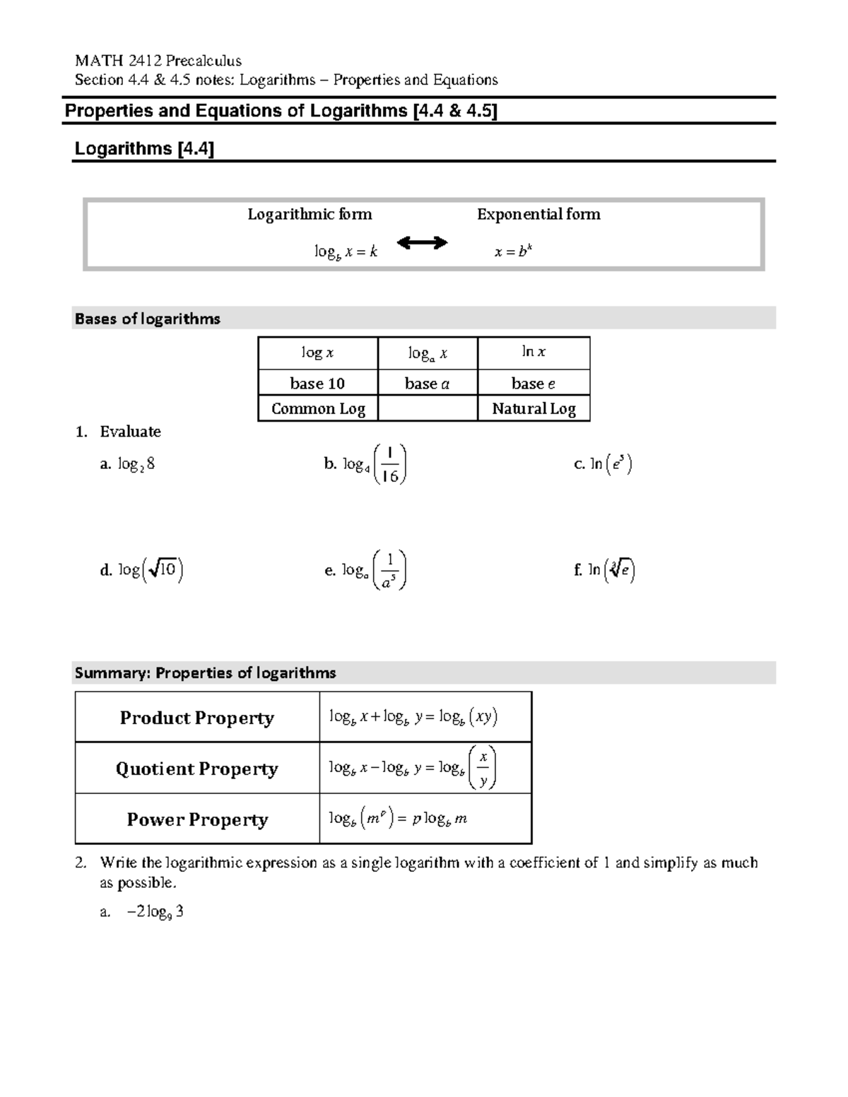 MATH 2412 Precalculus: Logarithms Properties & Equations (4.4 & 4.5 ...