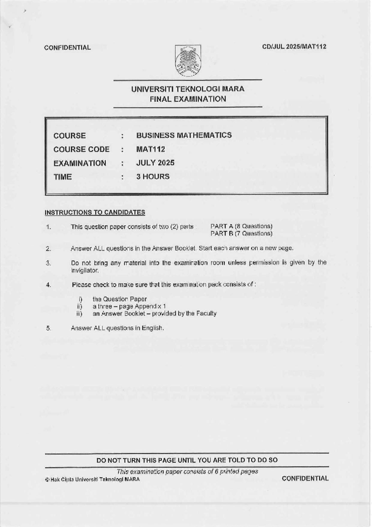 MAT112 Final Exam Paper - Business Mathematics July 2025 - Studocu