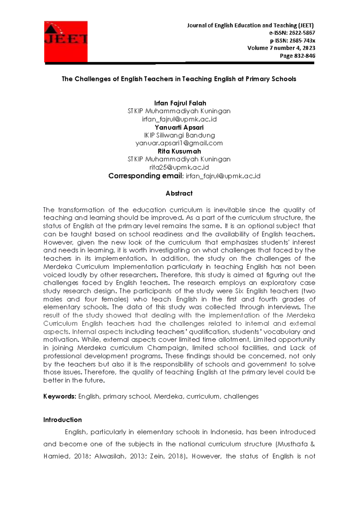 Challenges Faced by English Teachers in Primary Schools under JEET 7.4 ...