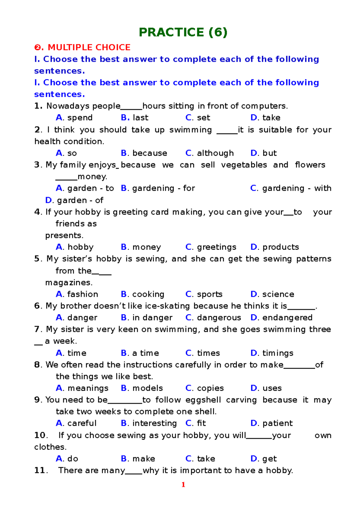 Practice 6 - English Multiple Choice Questions and Word Forms - Studocu