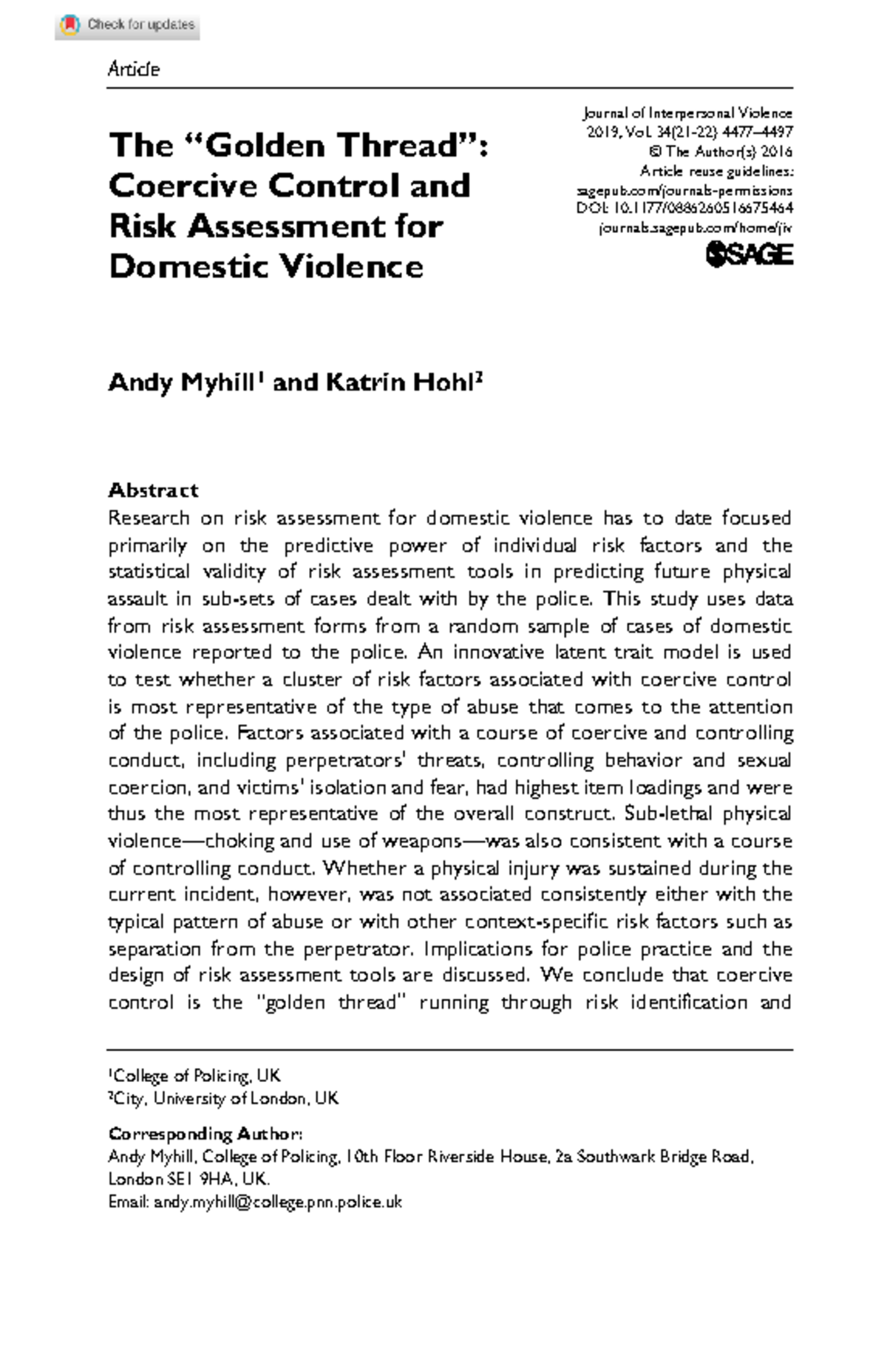 Myhill & Hohl (2016) - Coercive Control & DV Risk Assessment Analysis ...