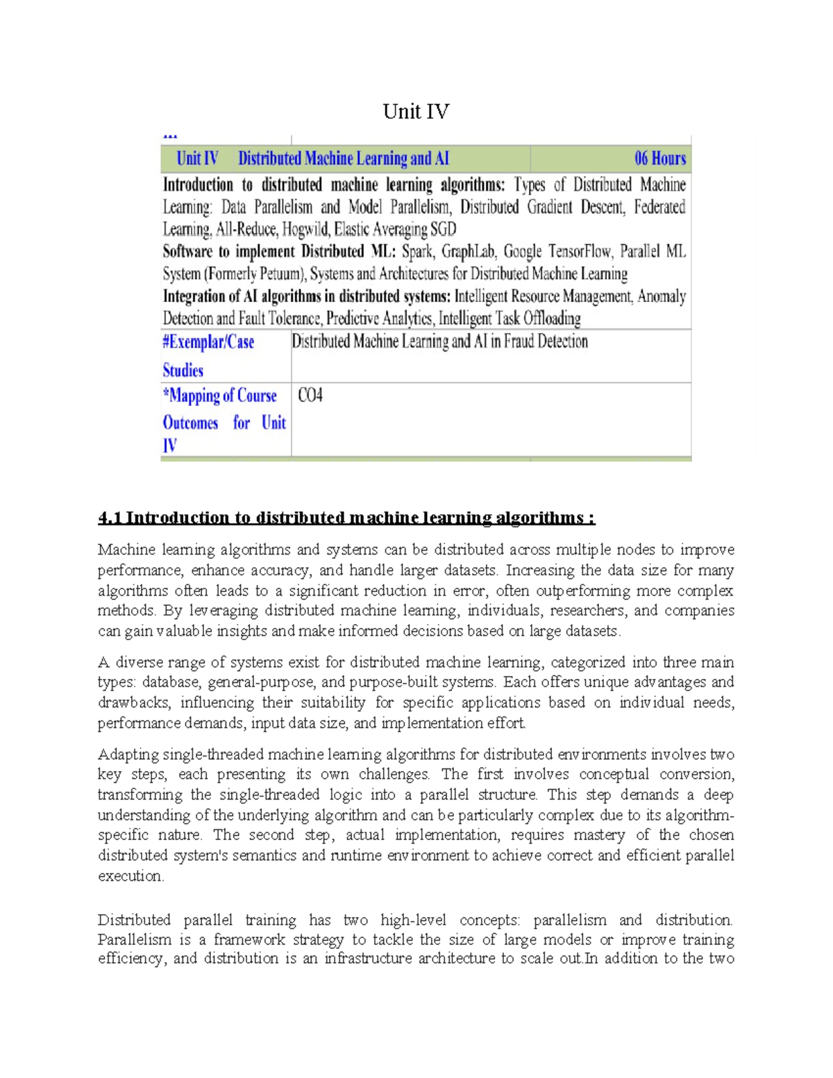 DC Unit IV - Intro to Distributed Machine Learning Algorithms - Studocu
