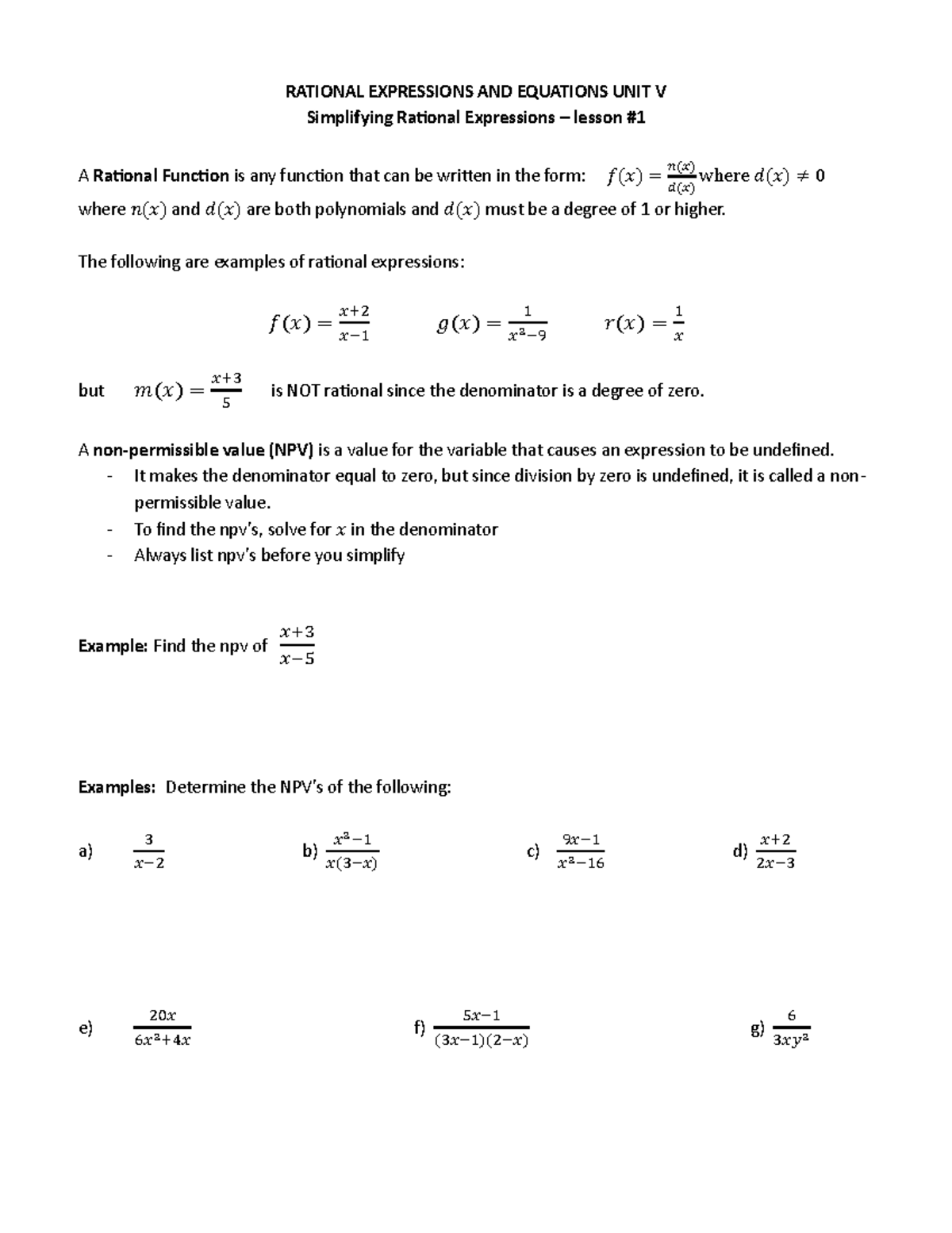 RATIONAL EXPRESSIONS AND EQUATIONS UNIT V: Simplifying Expressions ...