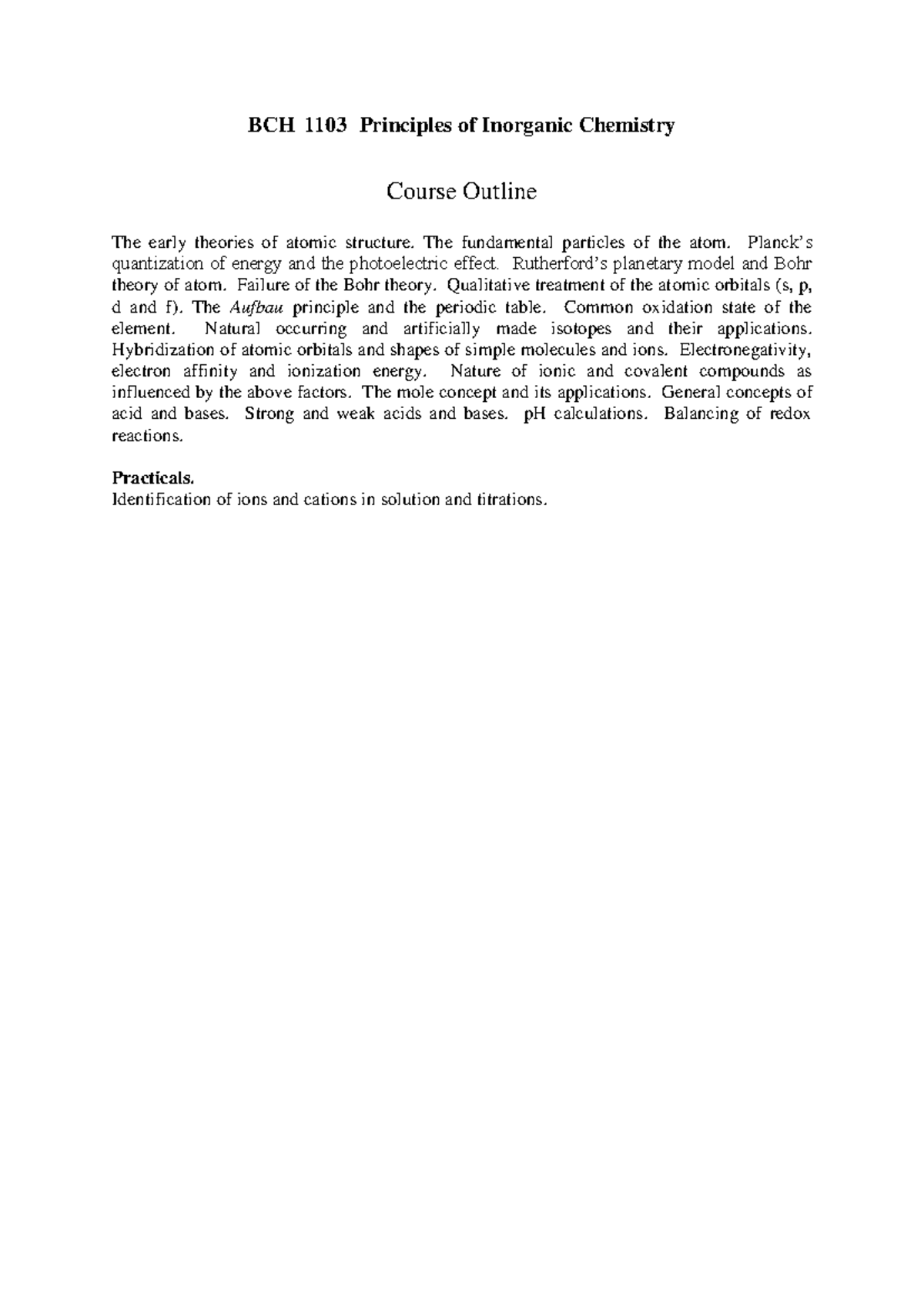 BCH 1103 Principles of Inorganic Chemistry Course Outline and Notes ...