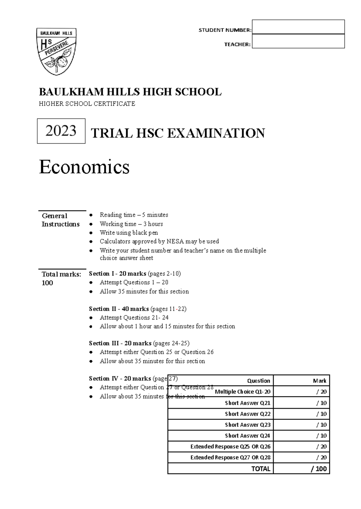 2023 BHHS Economics Trial HSC Exam Paper: Comprehensive Guide - Studocu