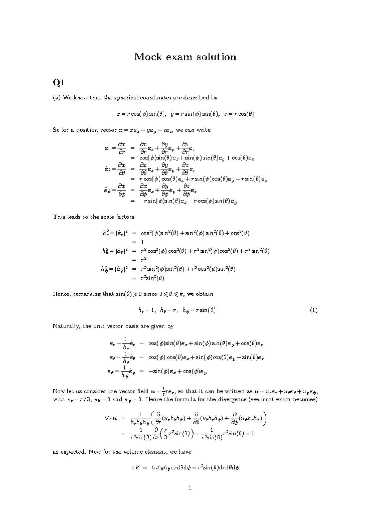Past paper mock exam solutions for spherical coordinates and PDEs - Studocu