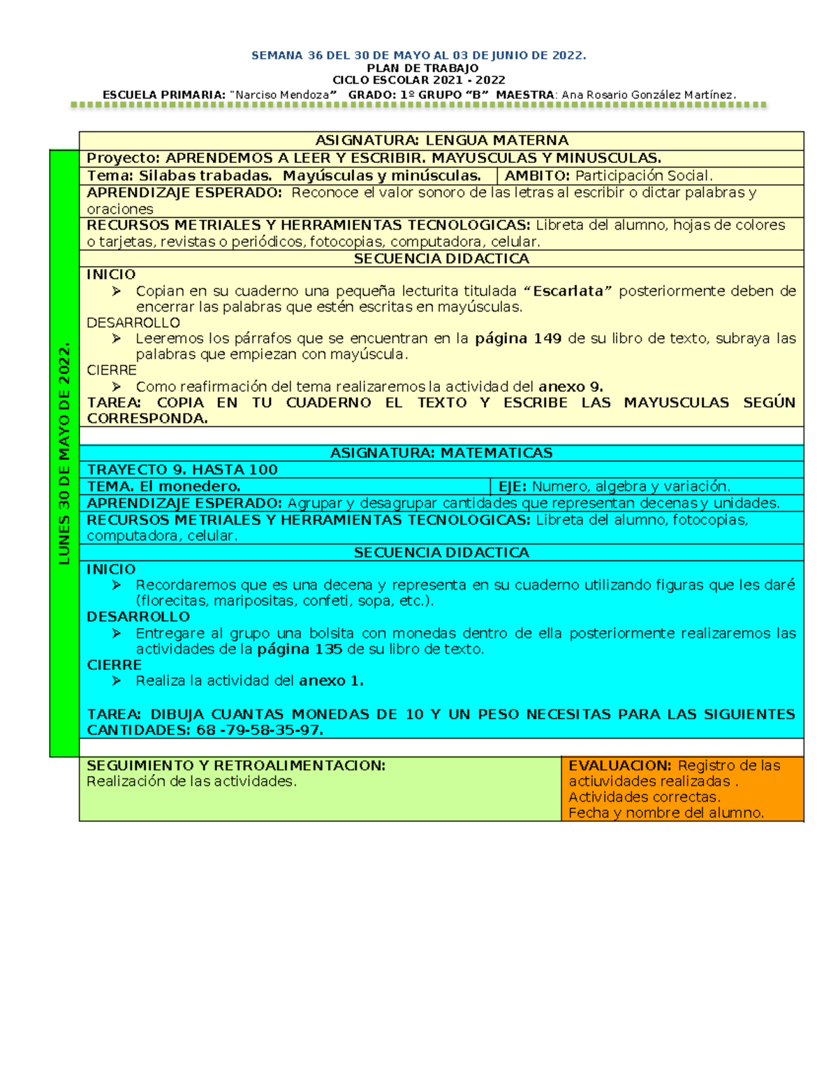 Plan de Trabajo Semanal 36: 30 Mayo - 3 Junio 2022 - 1º Grado - Studocu