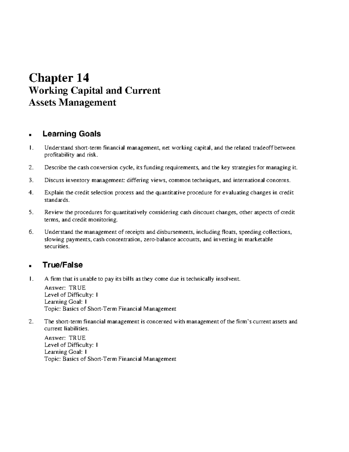 Chapter 14: Working Capital & Current Asset Management Insights - Studocu