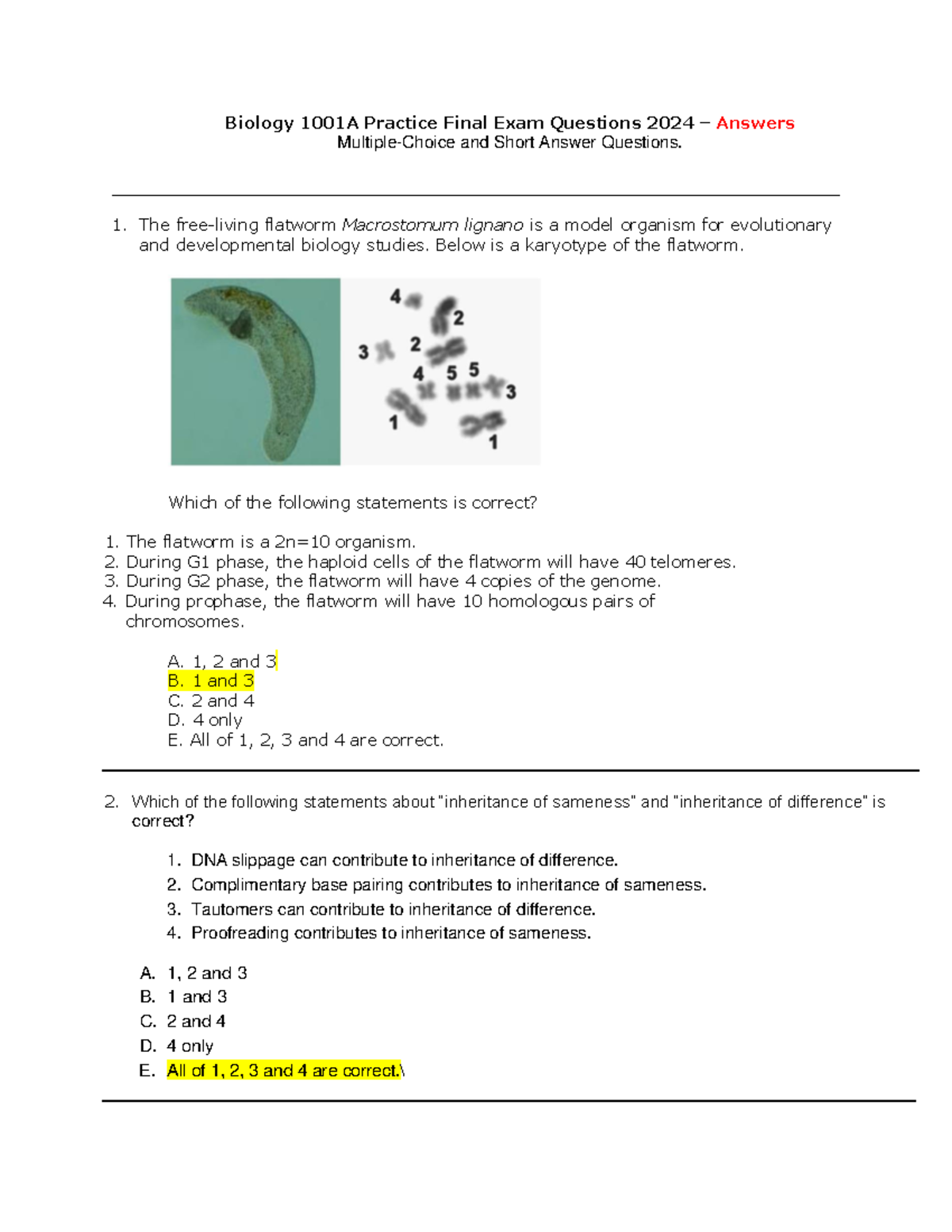 Bio 1001A Final Exam Practice Questions & Answers 2024 - Studocu