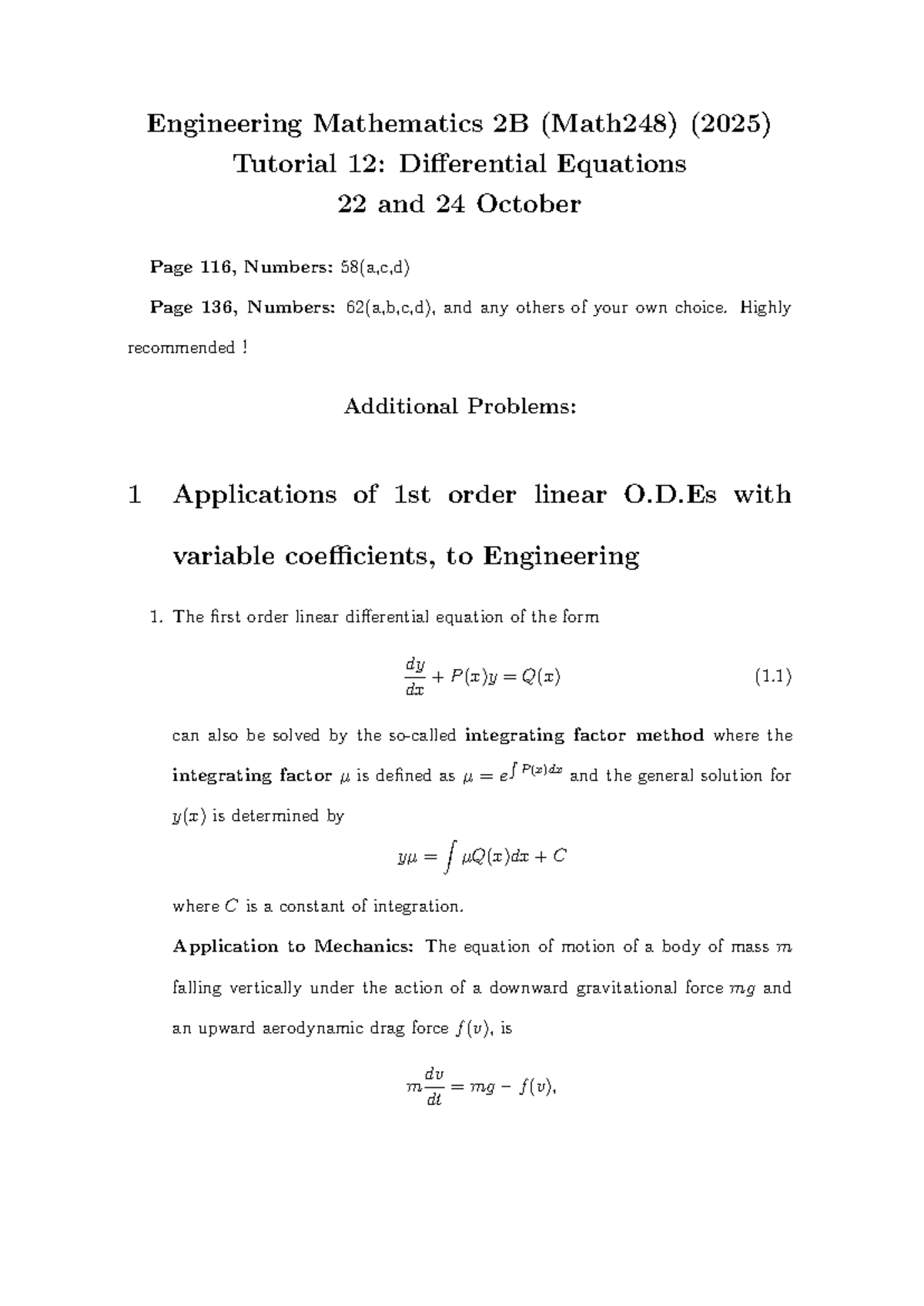 Tutorial 12: Differential Equations (Math248) - Key Problems ...