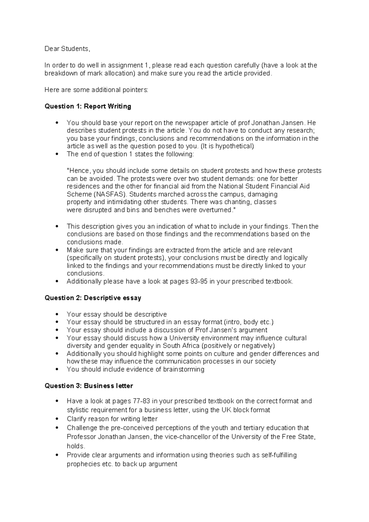 CBC150 1 pointers for assignment 1 sem 2 2015 - Dear Students, In order ...