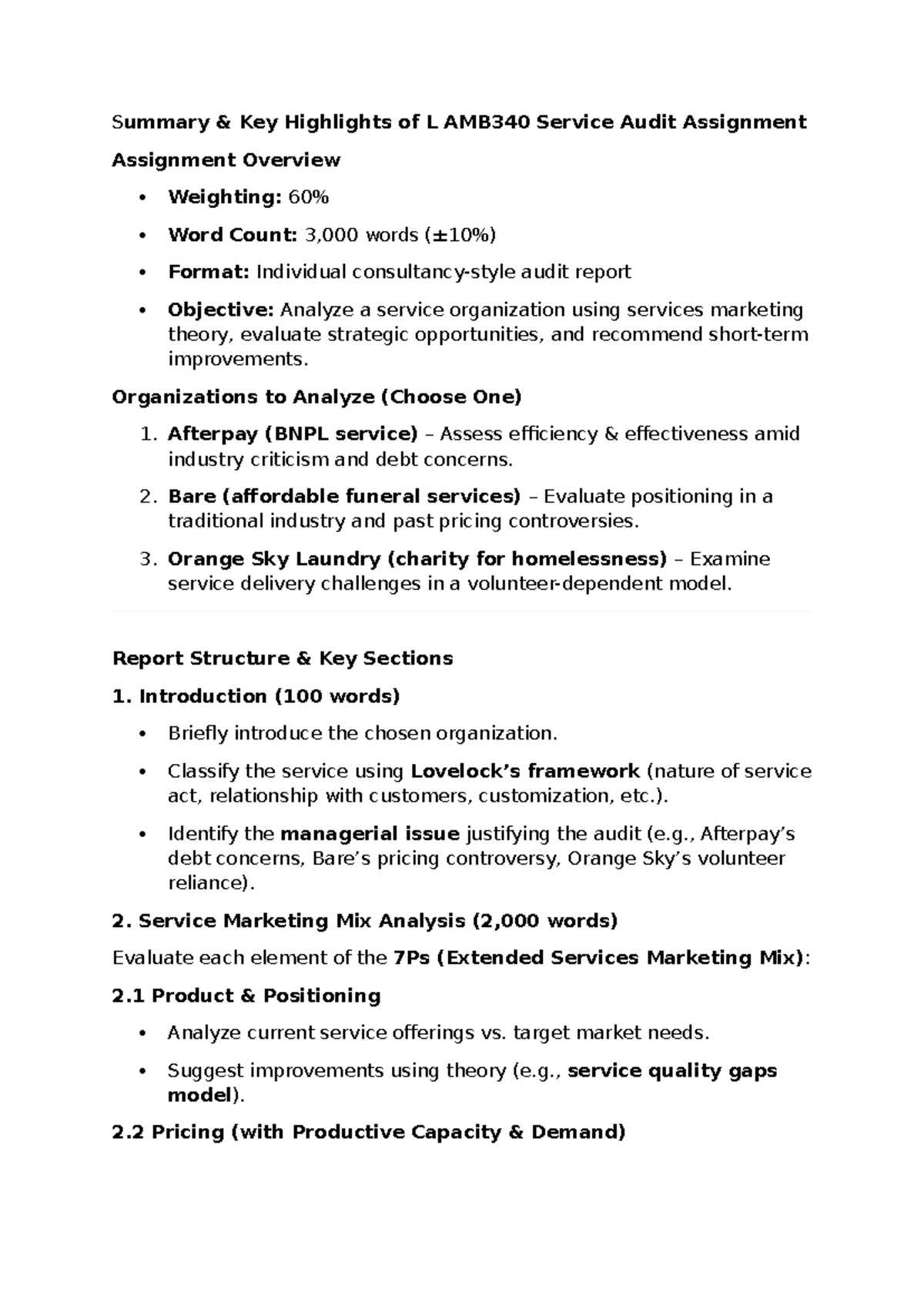 Summary of Key Highlights for L AMB340 Service Audit Assignment - Studocu