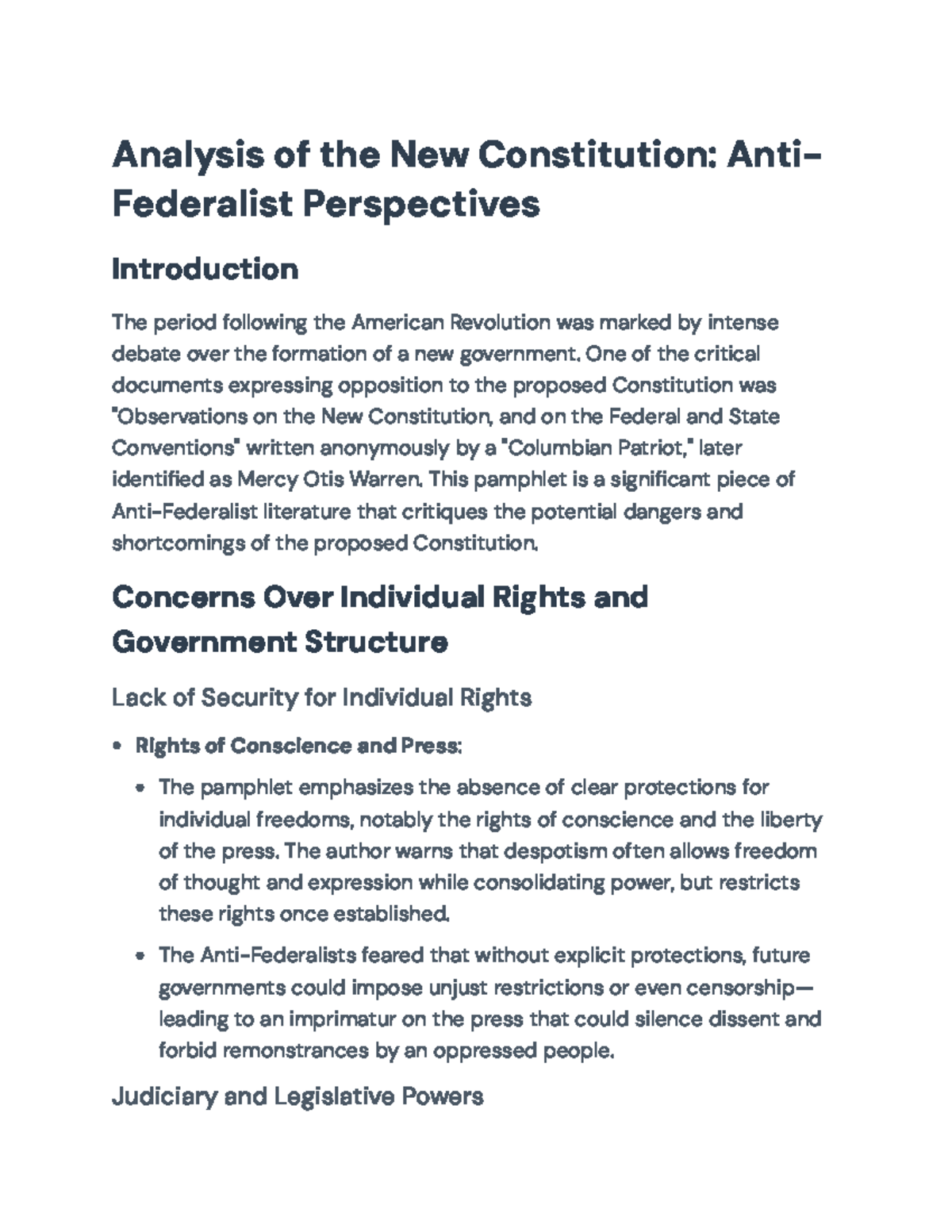 Analysis of Anti-Federalist Concerns on the New Constitution - Analysis ...