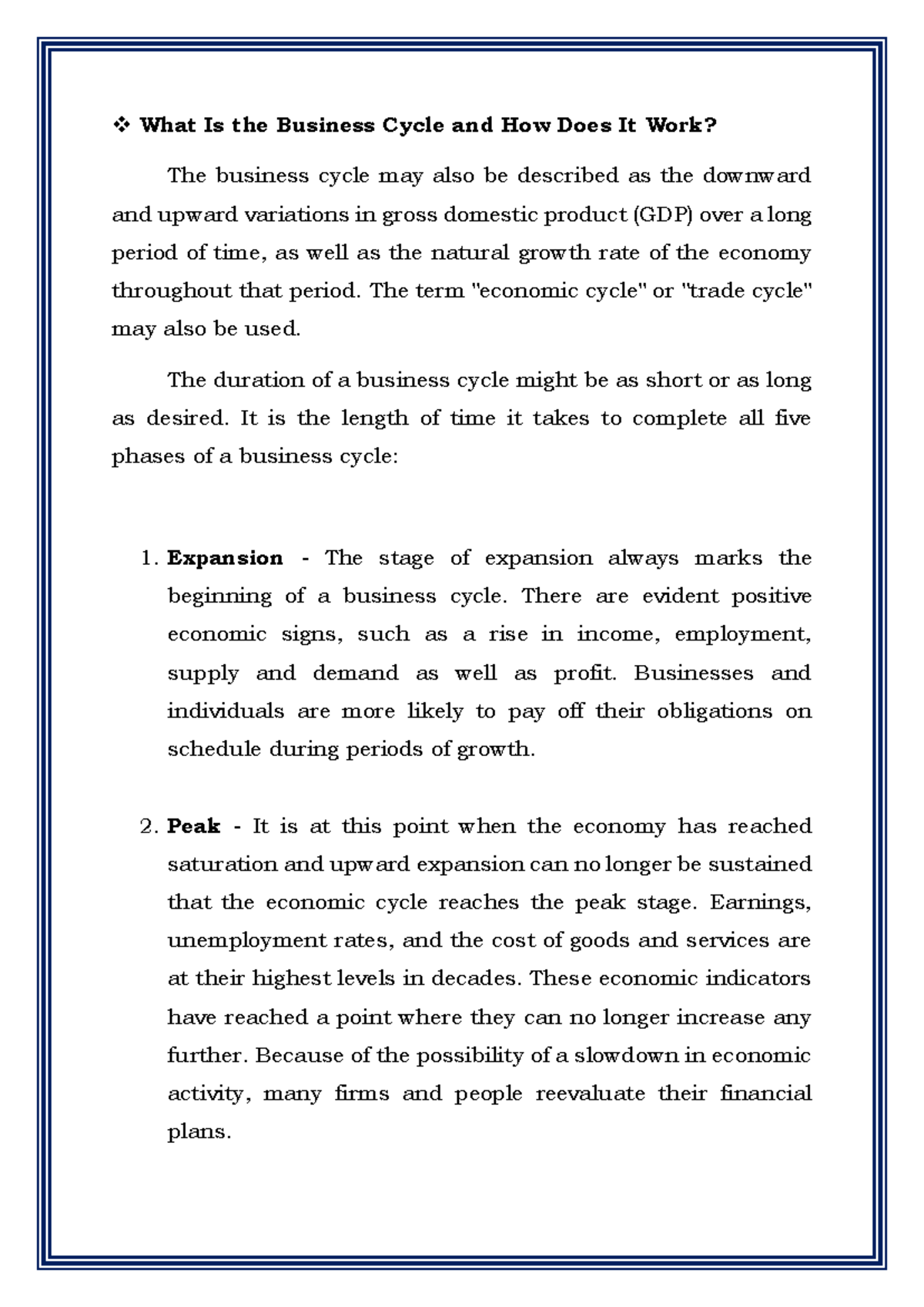 Business cycle - Lecture notes 1 - Business Economics - Studocu