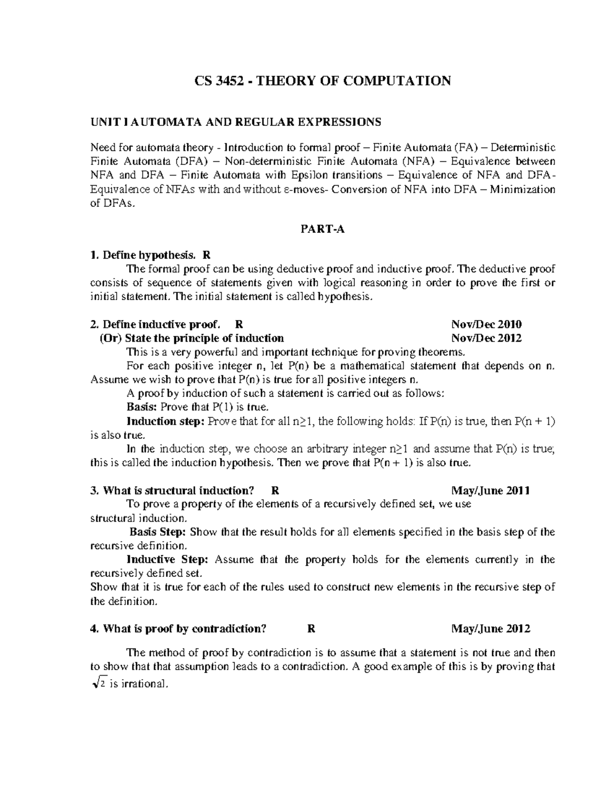 CS3452 Final Exam Notes on Theory of Computation Concepts - Studocu