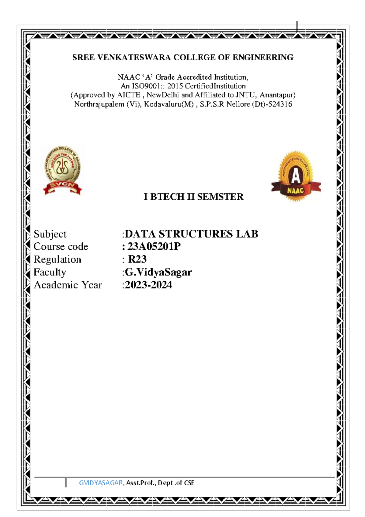 Data Structures Lab Manual (23A05201P) for I BTech II Sem - Studocu