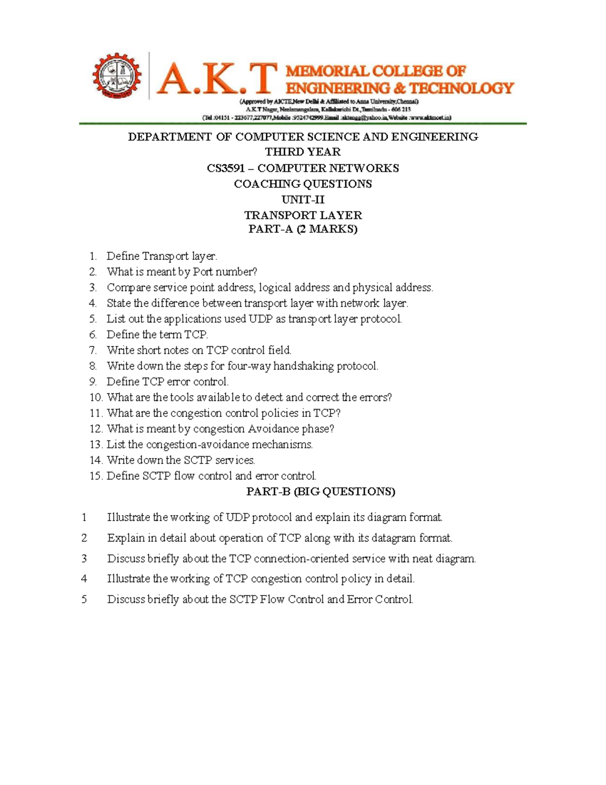 CS3591 Coaching Questions on Transport Layer (Unit 2) - Studocu