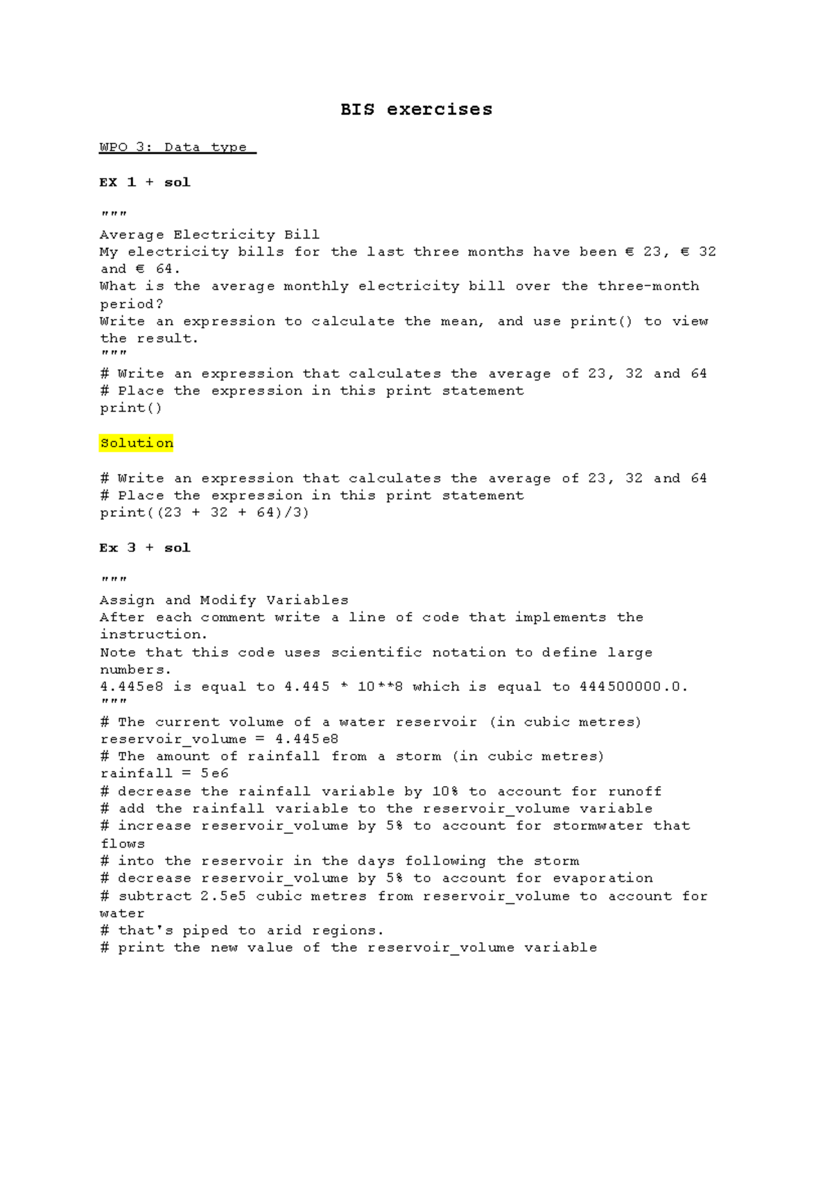 BIS exercises and solutions - BIS exercises WPO 3: Data type EX 1 + sol ...