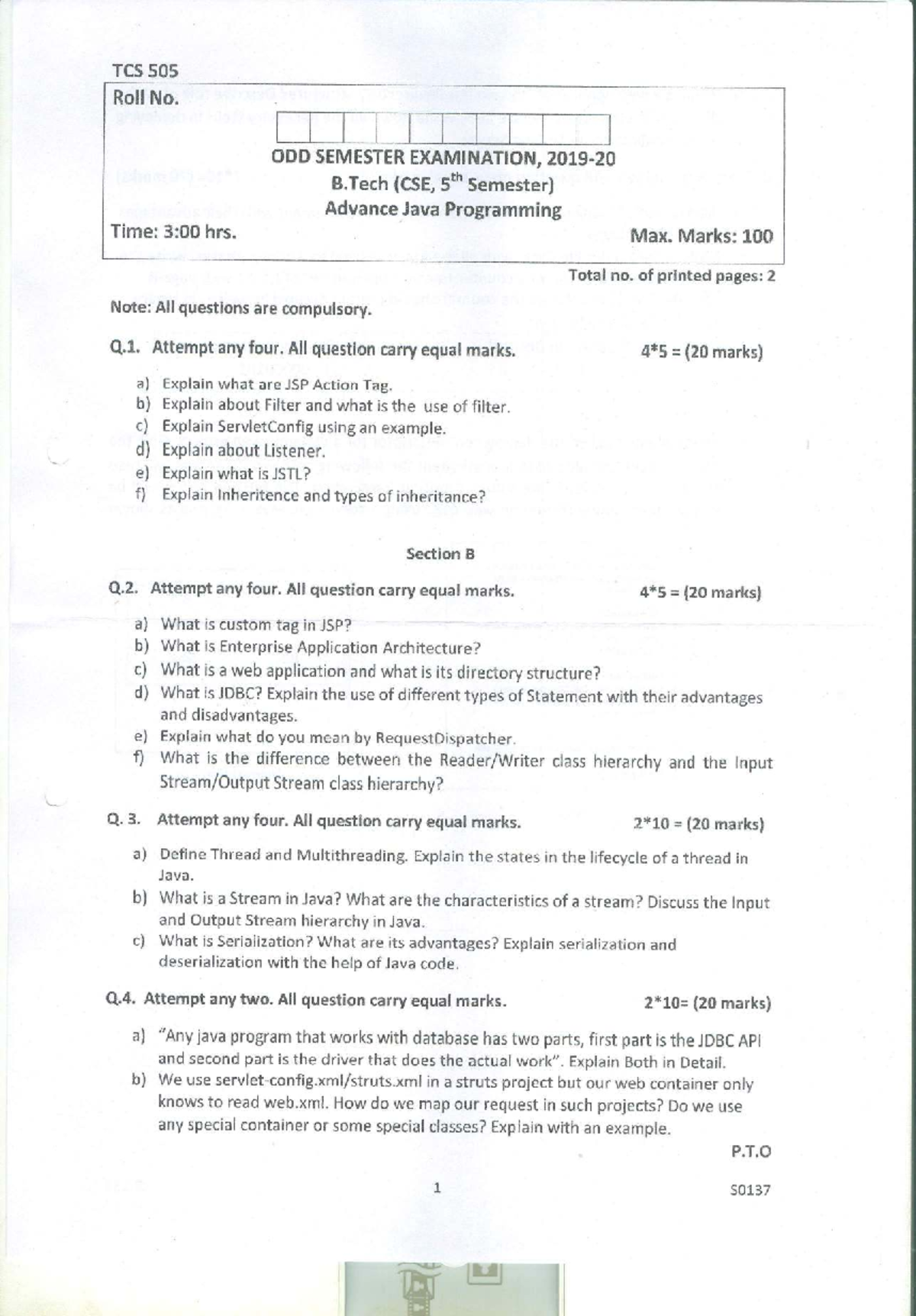 TCS 505 Final Exam: Advance Java Programming (B.Tech CSE, 5th Sem ...