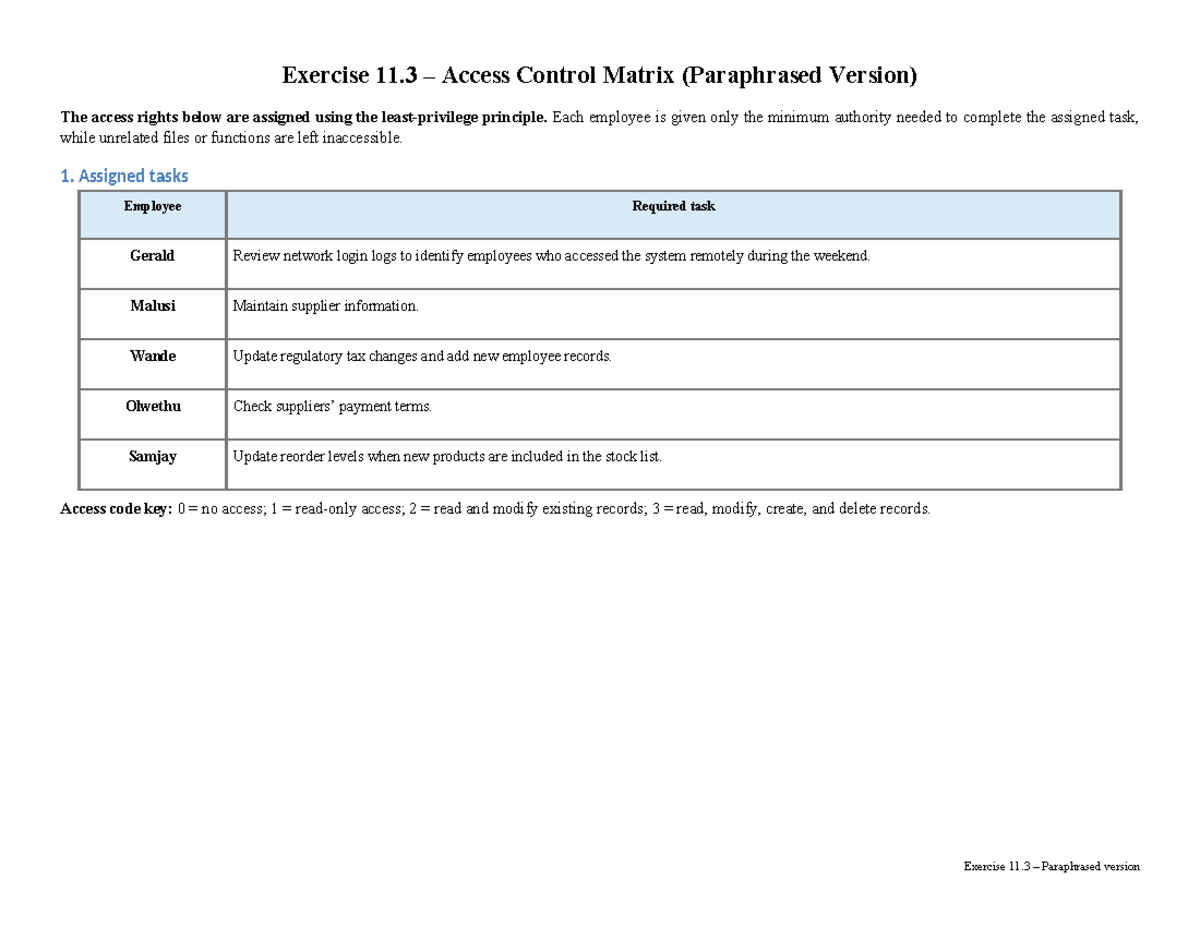 Access Control Matrix Exercise 11.3 - Paraphrased Version - Studocu