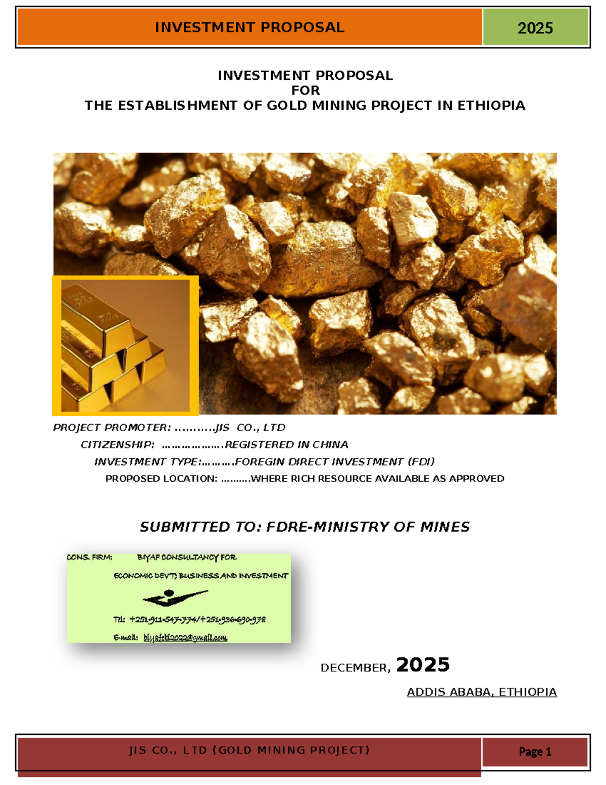 2025 FDI Gold Mining Investment Proposal in Ethiopia by JIS Co., Ltd ...