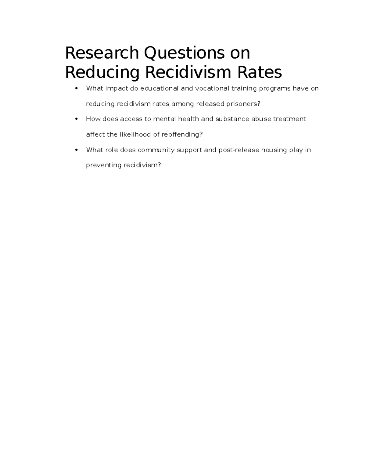 210 research questions - CJ 210 - Research Questions on Reducing ...