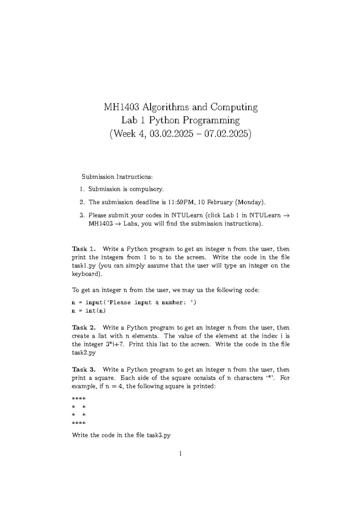 Lab01 - Lab 1 - MH1403 Algorithms and Computing Lab 1 Python ...