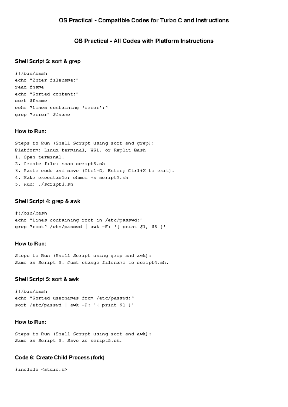OS Practical Codes & Instructions for Turbo C and Shell Scripts - Studocu