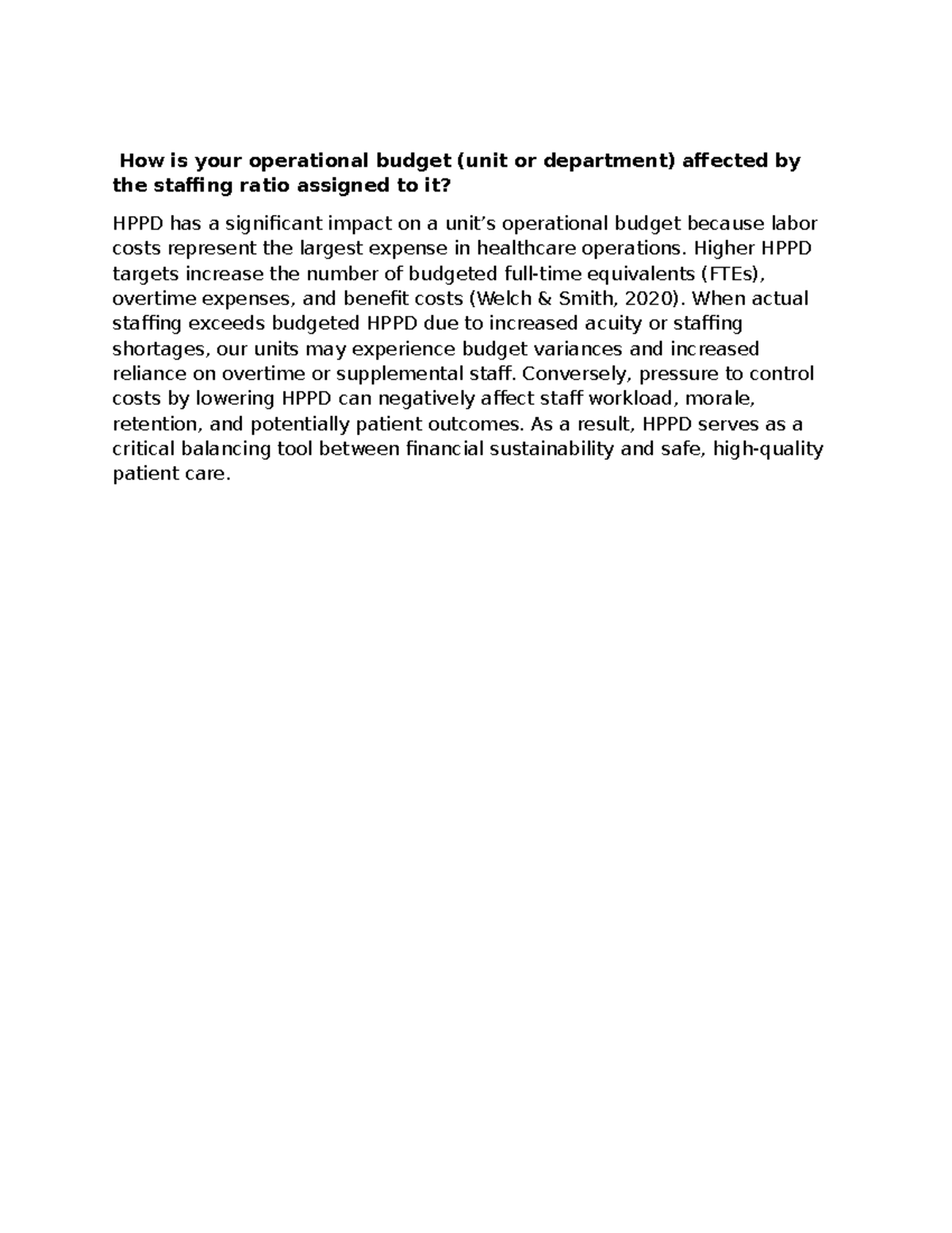 Impact of Staffing Ratios on Operational Budget in NR533 - Studocu