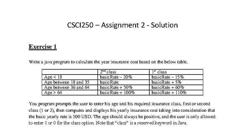 CSCI250 Assignment 2: Java Program for Insurance Cost Calculation - Studocu