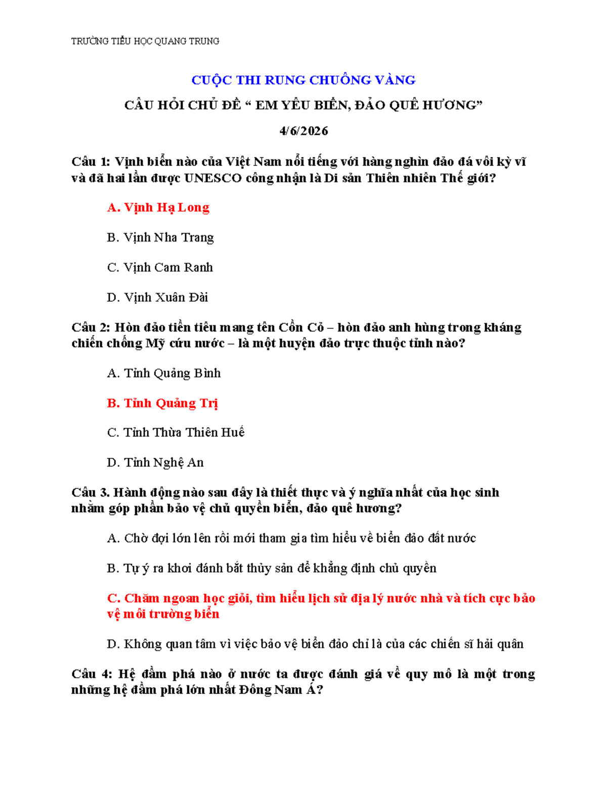 CÂU HỎI TÌM HIỂU BIỂN, ĐẢO - TRƯ…