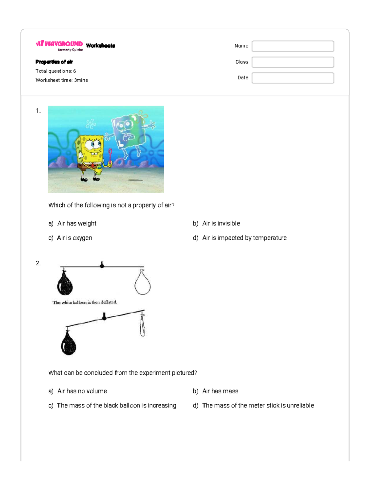 Properties of Air Worksheet (Class: Wayground) - Studocu