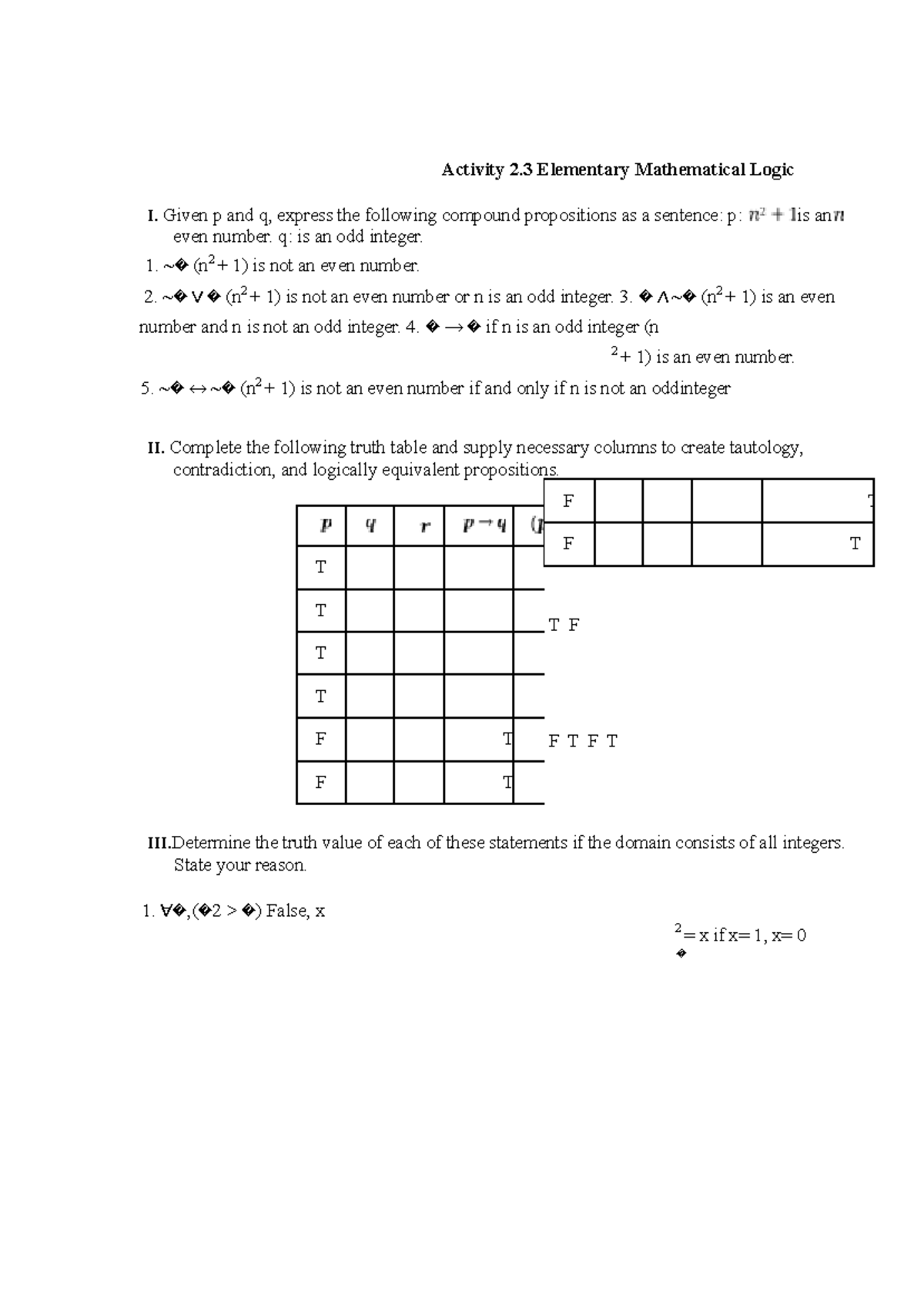 Alf-mmw-2 - BSME - Activity 2 Elementary Mathematical Logic I. Given p ...