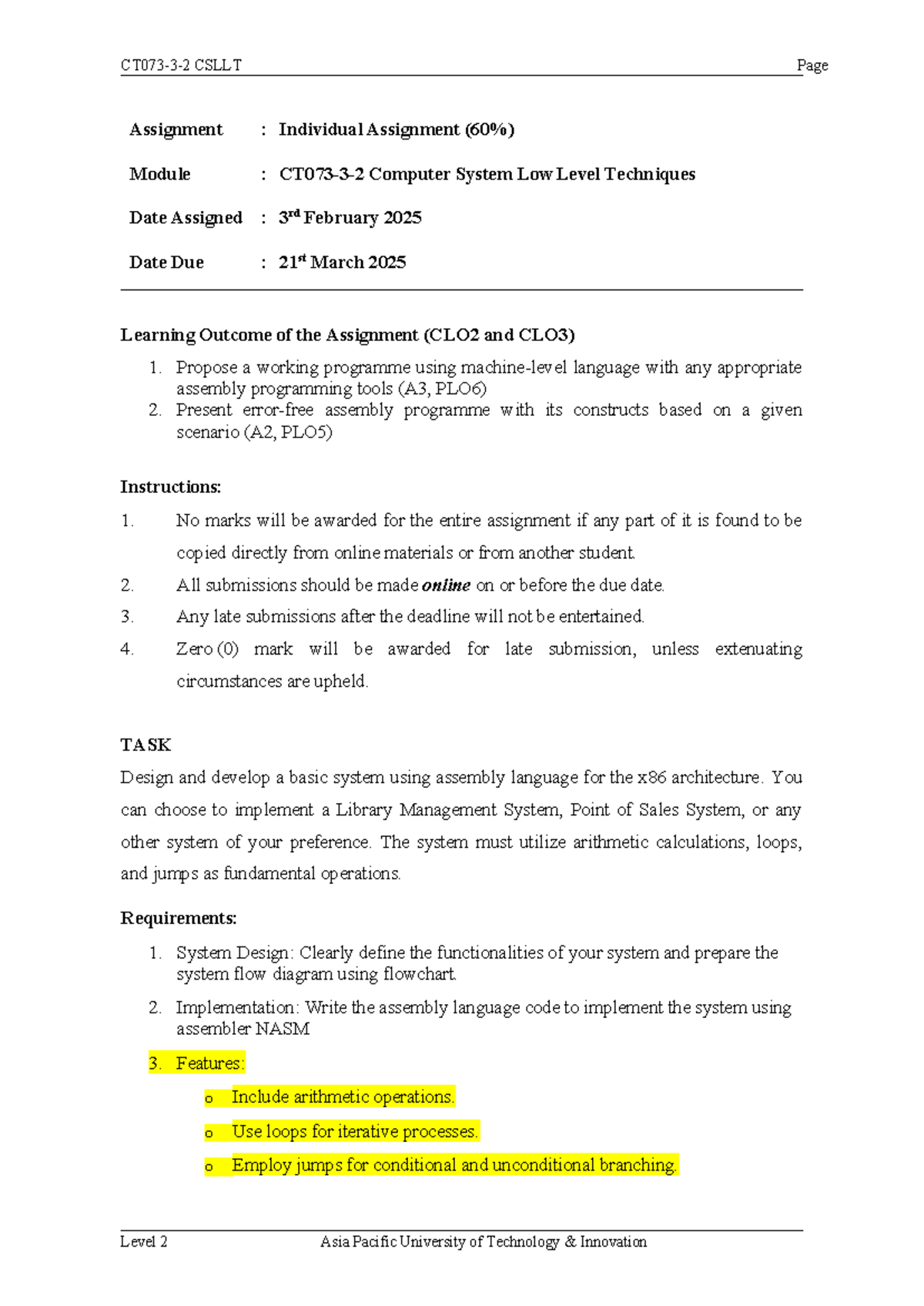CT073-3-2 Final Assignment: Assembly Language System Development - Studocu