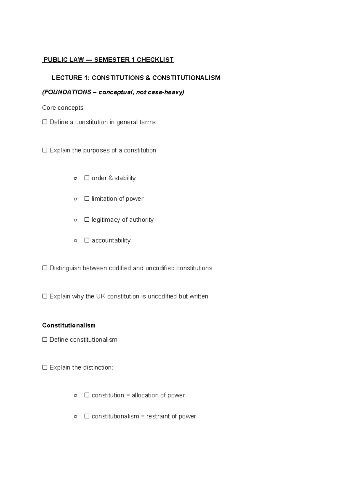 Public Law 1: Lecture 1 Checklist on Constitutions & Constitutionalism ...