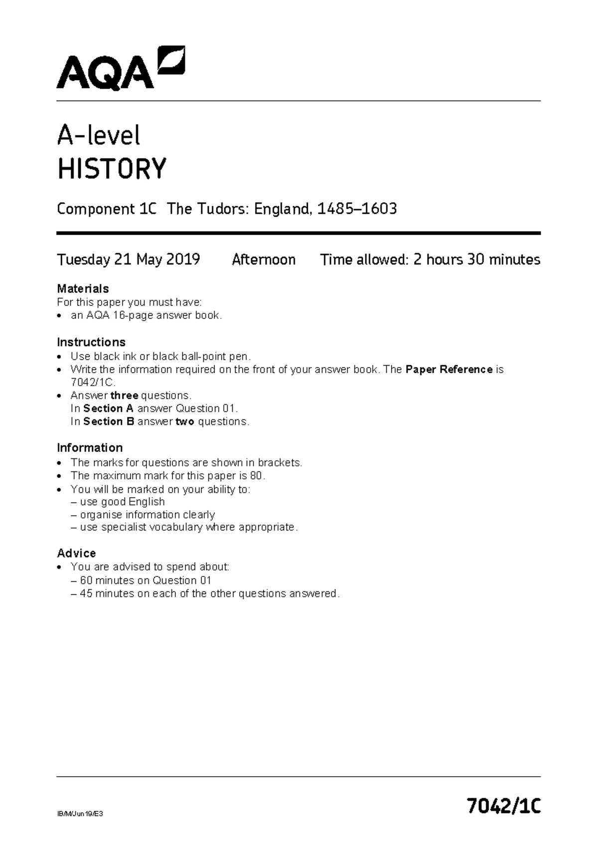 HISTORY 1C Final Exam: The Tudors - AQA June 2019 Questions - Studocu