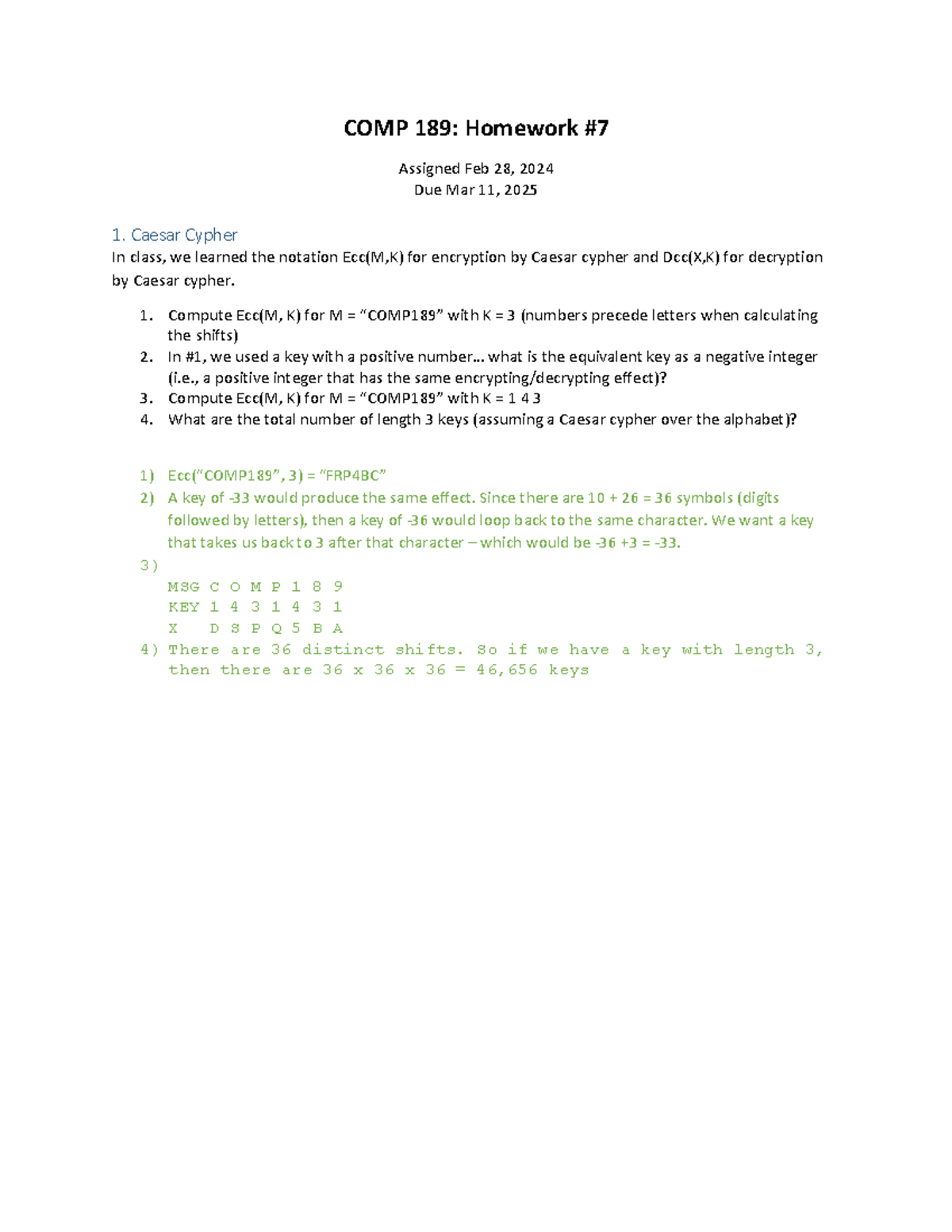 COMP 189: HW7 Solutions on Caesar Cypher and Encryption Techniques ...