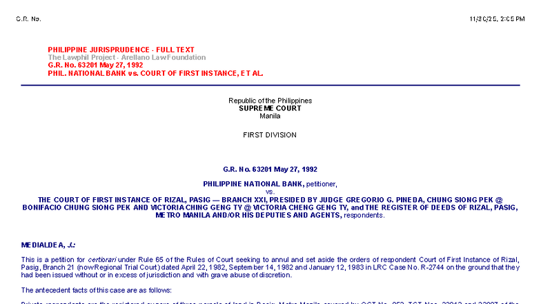 G.R. No. 63201: Philippine National Bank vs. Court of First Instance ...