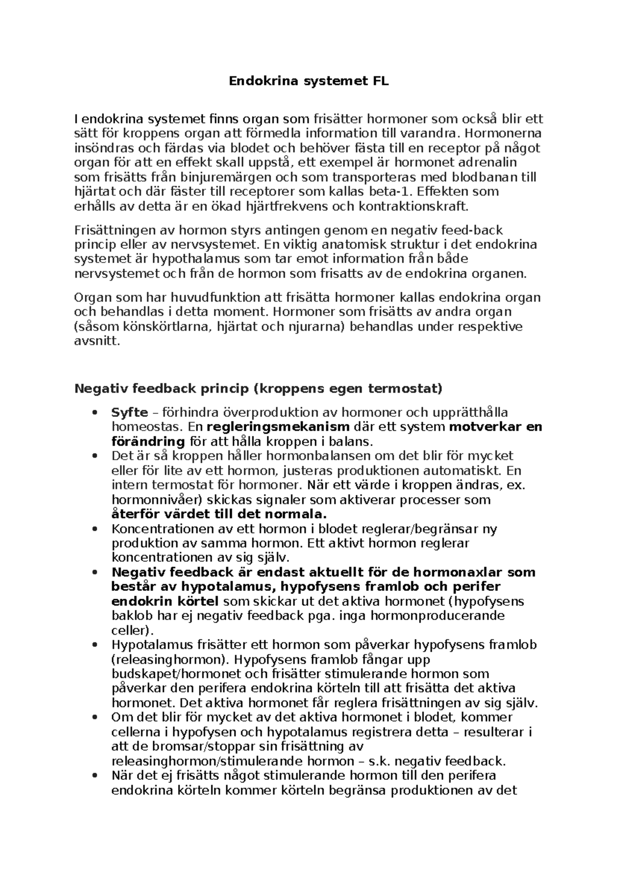 Endokrina systemet FL - hormonernas funktion och reglering - Studocu