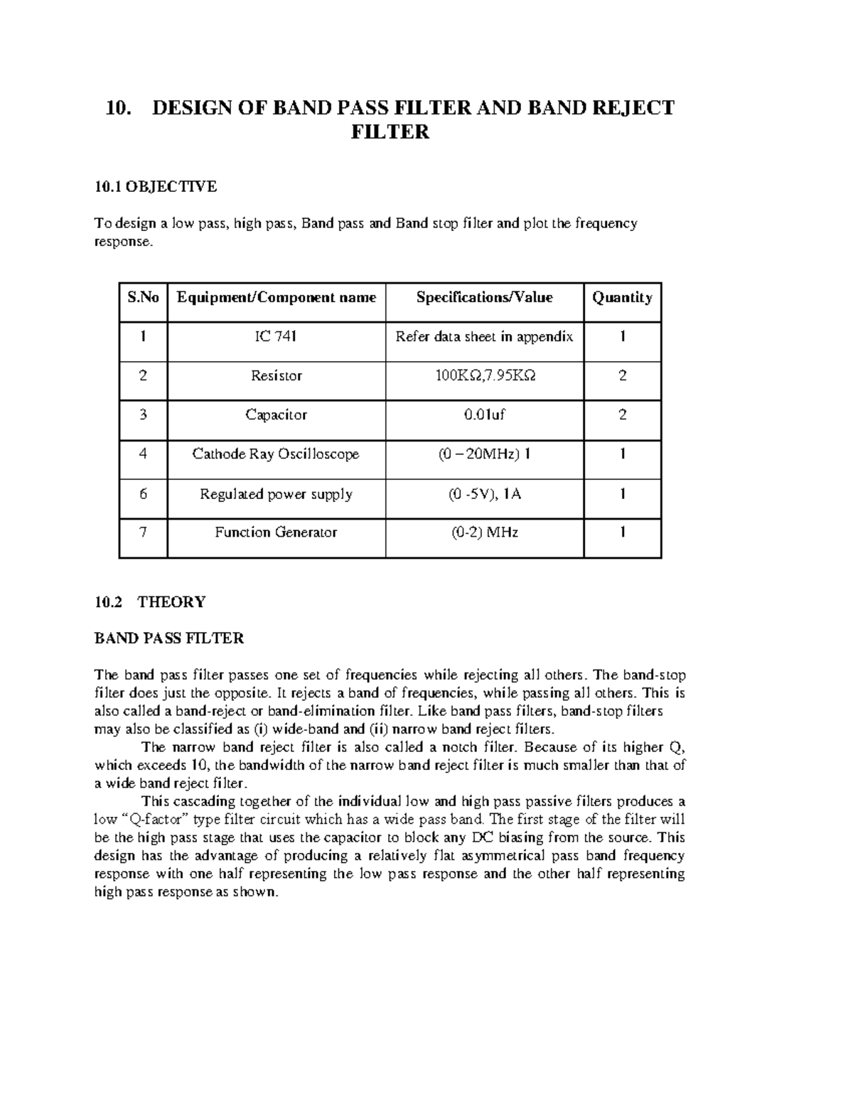 Exp 10 - lic - Lab - 10. DESIGN OF BAND PASS FILTER AND BAND REJECT ...